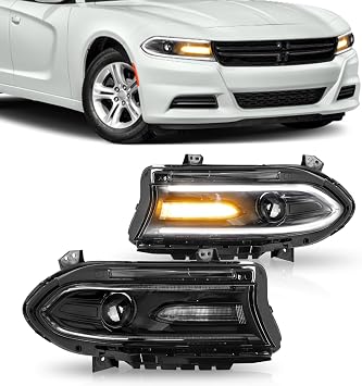 Pair Left & Right Halogen Headlights LED Dual Beam Projector Headlamps Compatible with 2015 2016 2017 2018 2019 2020 2021 Dodge Charger SRT GT SXT Replaces 68214398AA / 68214399AA