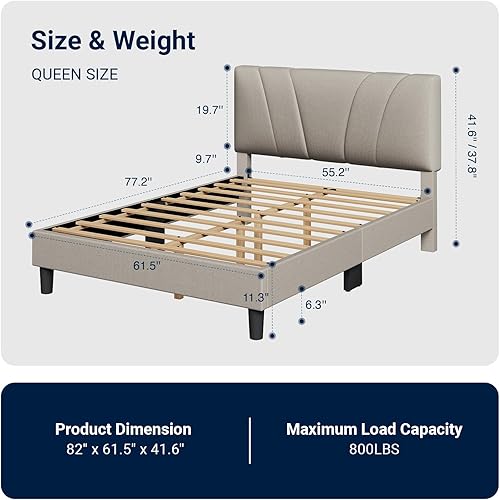 Miniatura 2 de Base de cama Avenco tamaño Queen con plataforma tapizada y cabecera ajustable, soporte de listones de madera, fácil montaje, no requiere somier,