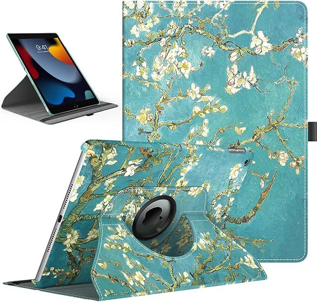 TiMOVO Case for New iPad 9th Generation 2021/8th Gen 2020/7th Gen 2019, 360 Degree Rotating Stand Protective Cover, Smart Swivel Case with Auto Sleep/Wake Fit iPad 10.2-inch - Almond Blossom