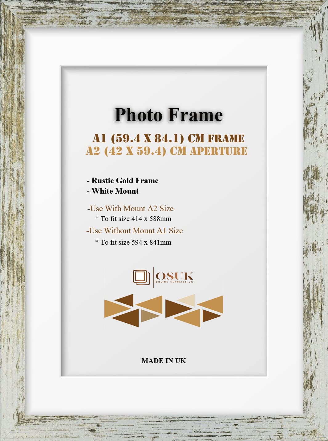 OSUK Rustic Gold A1 Frame With A2 Mount - Modern Photo Frame With White Mount - Clear Perspex Front & Wall Mounting Poster Frame - Rustic Gold A1 Picture Frame With A2 White Mount
