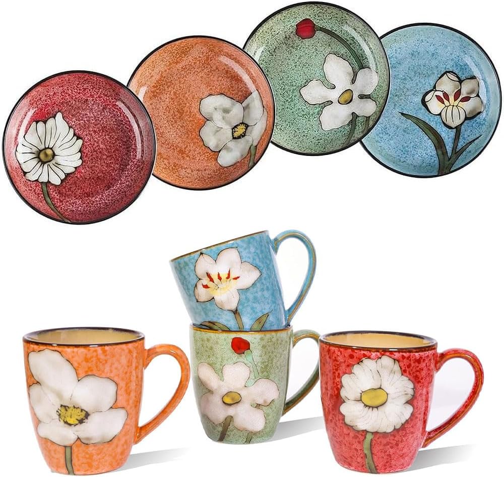 8.5 in Deep Plates Set of 4 plus 12oz Coffee Mug Set of 4- Dishwasher, Microwave, and Oven Safe, Scratch Resistant, Smooth Glaze