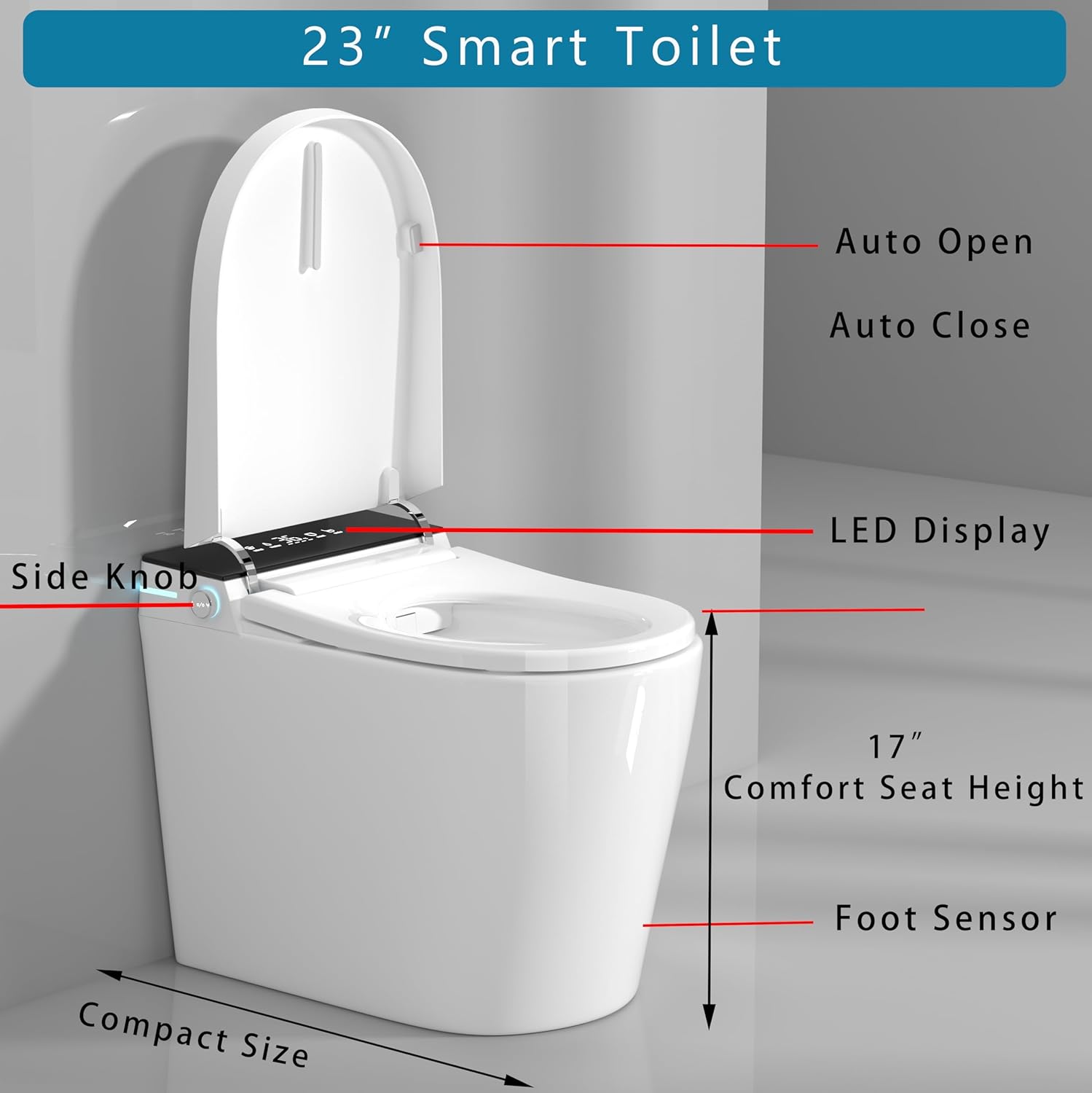 WinZo 23" Compact Smart Toilet with Bidet Seat Built-in For Small Bathroom, Auto Flush, LED Night Light,Heated Bidet with Warm Air Drying (White with Black Panel) (12 inches Rough-in Black)