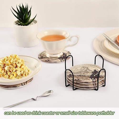 Miniatura 6 de Western Cowboy - 6 posavasos absorbentes para protección de mesa, hechos a mano, redondos, tejidos, con soporte y resistente al calor al agua,