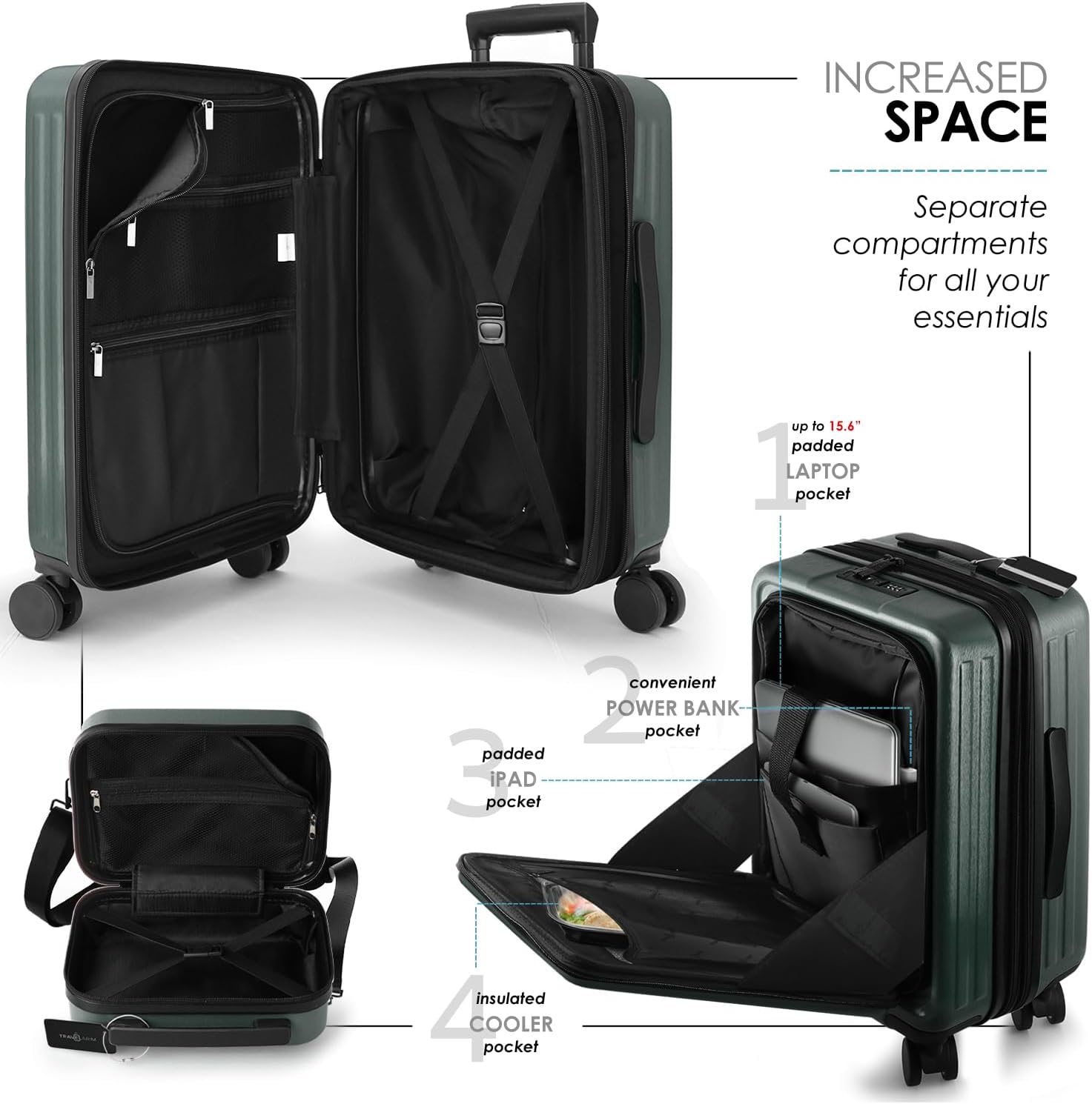 20 Inch Carry On Luggage 22x14x9 Airline Approved, Carry On Suitcase with Wheels, Hard-shell Carry-on Luggage, Durable Luggage Carry-On, Green Small Suitcase with Cosmetic Case - Image 5