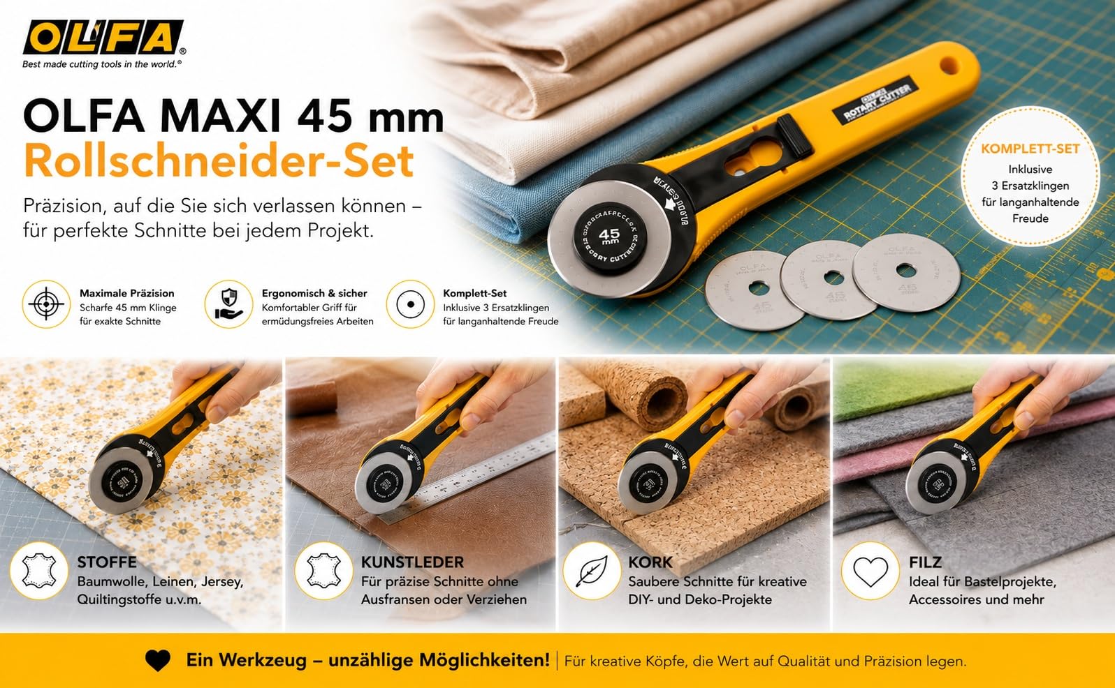 AKTION - OLFA Rollschneider Maxi 45mm + 3 Ersatzklingen
