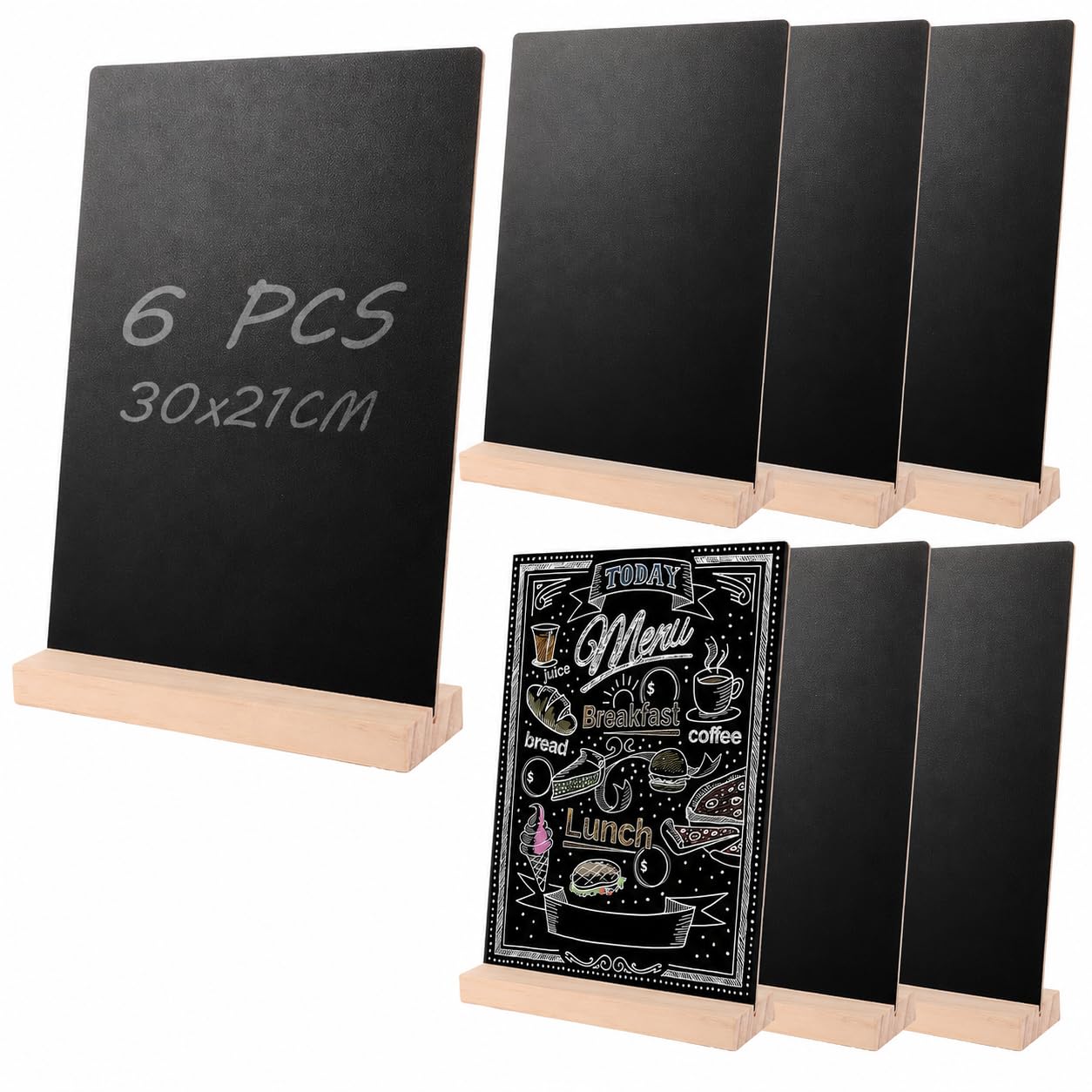 CYEER Lot de 6 Tableaux Noirs A4 (30x21cm) avec Support en Bois - Ardoises de Table Double Face Effaçables pour Menu de Buffet, Mariage, Étiquette de Prix Boulangerie, Signalétique et Fête