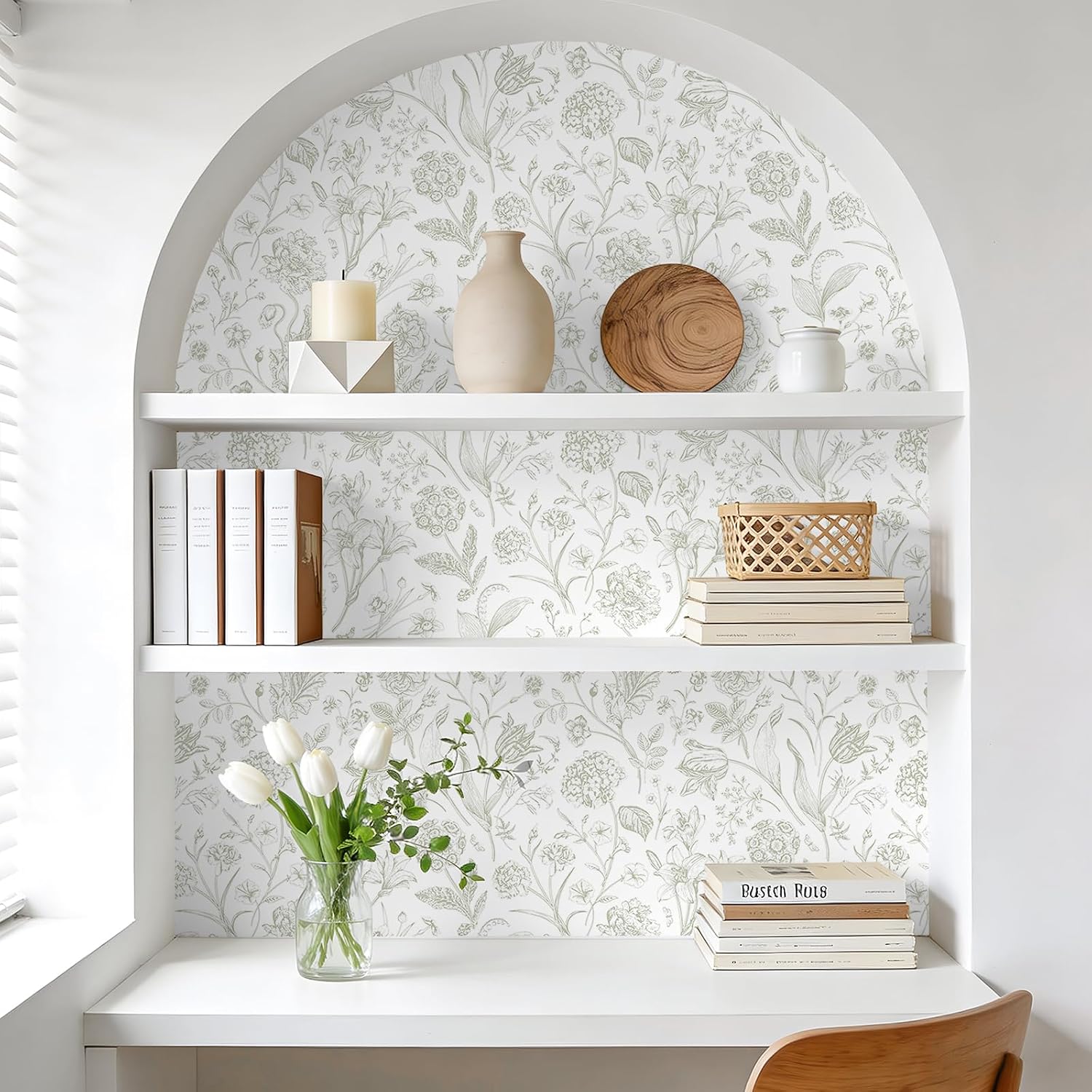VEELIKE Neutral Beige Sketch Floral Wallpaper Peel and Stick Boho Toile Wallpaper for Bedroom Powder Room 17.7''x354'' Self Adhesive Removable Cottagecore Wall Paper for Girls Room Nursery Renters