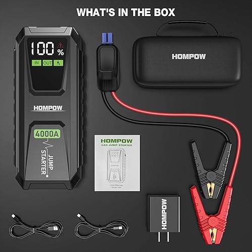 Miniatura 7 de Arrancador de coche, batería de arranque de pico de 4000 A con puerto de carga rápida de 60 W (hasta todo el motor de gas y diésel de 10 L), caja de