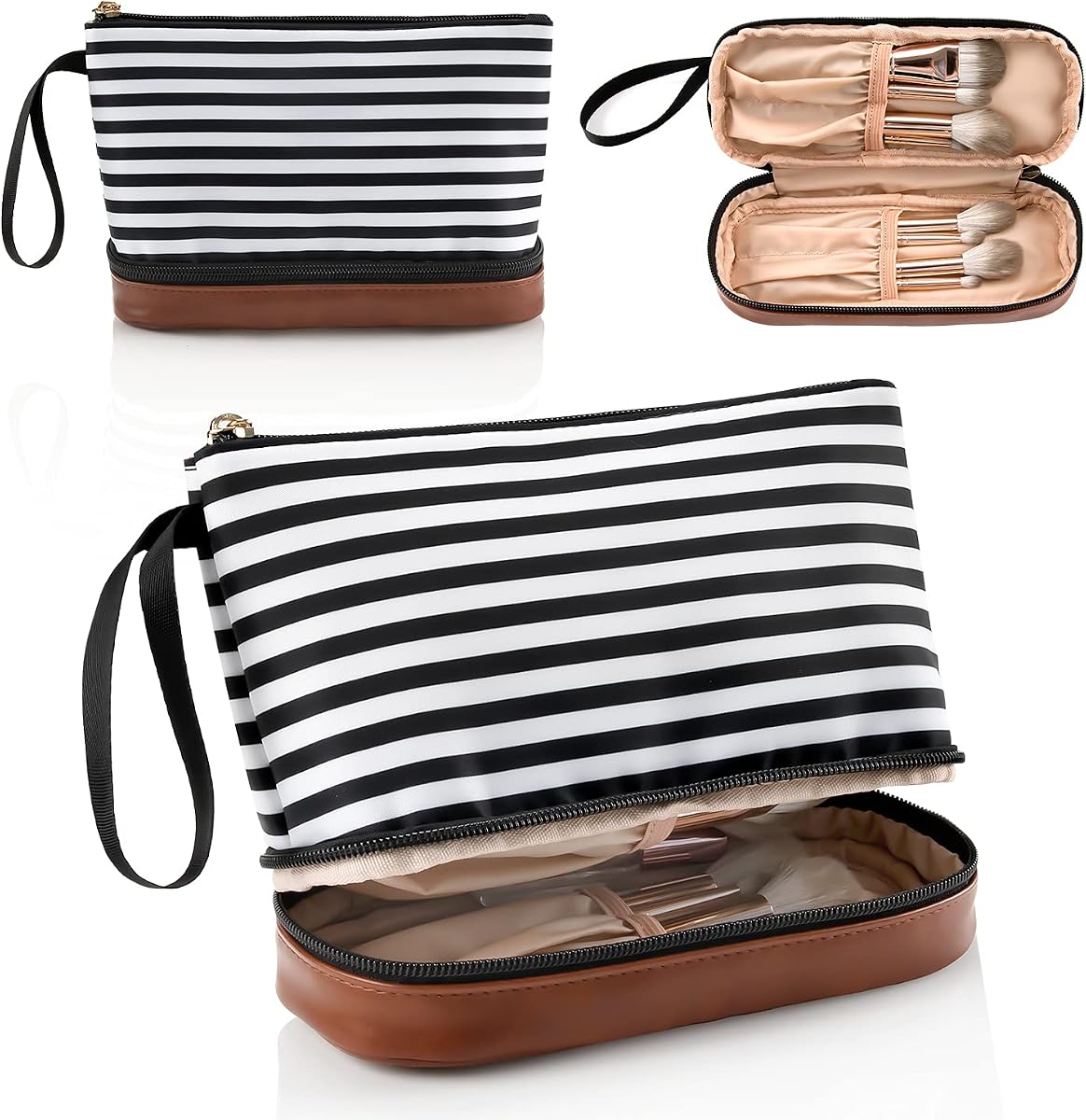 Bolsa de maquillaje pequeña Bolsa de cosméticos de viaje de 2 capas con compartimento para brochas de maquillaje | Cepillos prácticos portátiles compactos y ligeros, organizador separado, artículos esenciales de viaje, regalos para mujeres/niñas