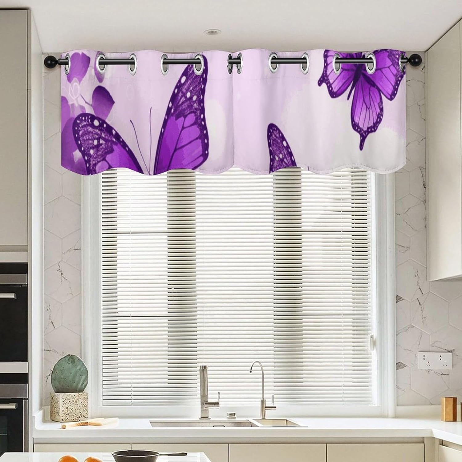 Purple Butterflies Valances for Window 2 Panels. Light Filtering Curtains Farmhouse Short Small Valance.Modern Curtains for Windows Living Room Kitchen Over Sink.