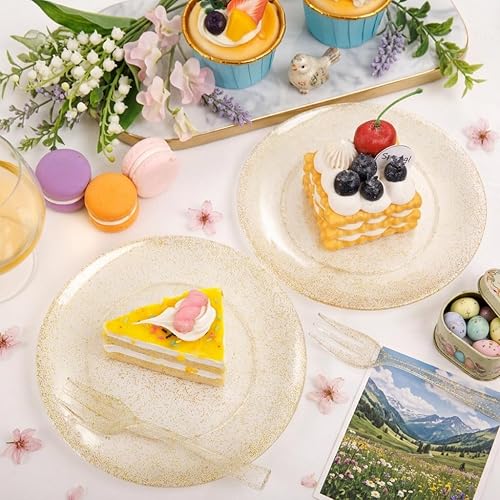 Miniatura 5 de Festiva 200 platos de postre dorados con purpurina de 6.3 pulgadas con tenedores de 5 pulgadas, platos pequeños de plástico para postre, pasteles,