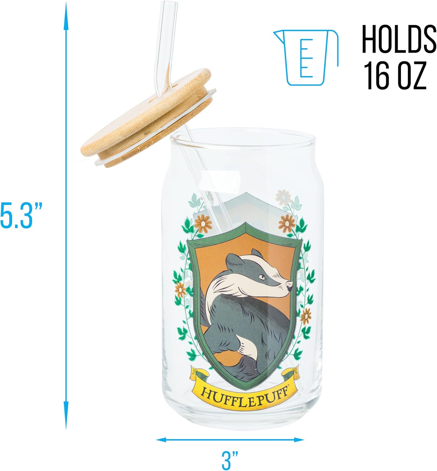 Silver Buffalo Harry Potter Hufflepuff House Crest Glass Tumbler with Bamboo Lid and Glass Straw, 16 Ounces - Image 2