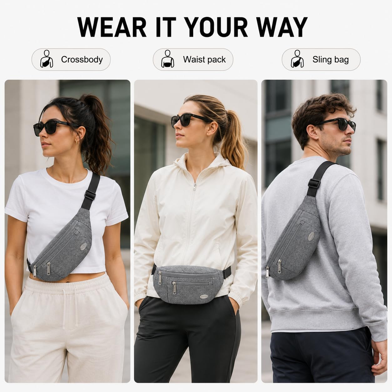 Entchin Torba na ramię unisex, torba na ramię, 4 kieszenie zapinane na zamek błyskawiczny, regulowany rozmiar, niezbędna podczas spacerów, podróży i jazdy na rowerze, Szary, medium, Torba bananowa