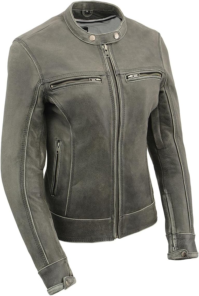 Milwaukee Leather MLL2550 Women's Scooter Distressed Grey Leather Motorcycle Riding Vented Jacket