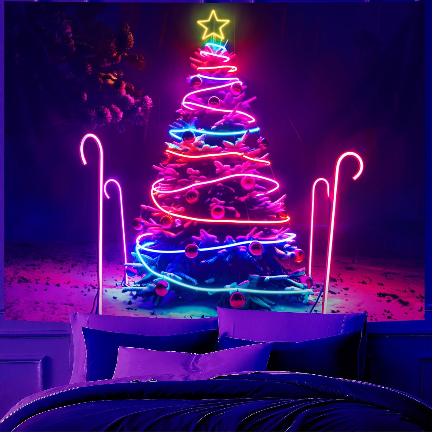 Merry Christmas Blacklight Tapestry Christmas Decorations Wall Hanging Xmas Tree Poster Glow in the Dark Tapestry for Bedroom Living Room Party Banners Decor (Tree-3, 90L" x 70W", Unframed)
