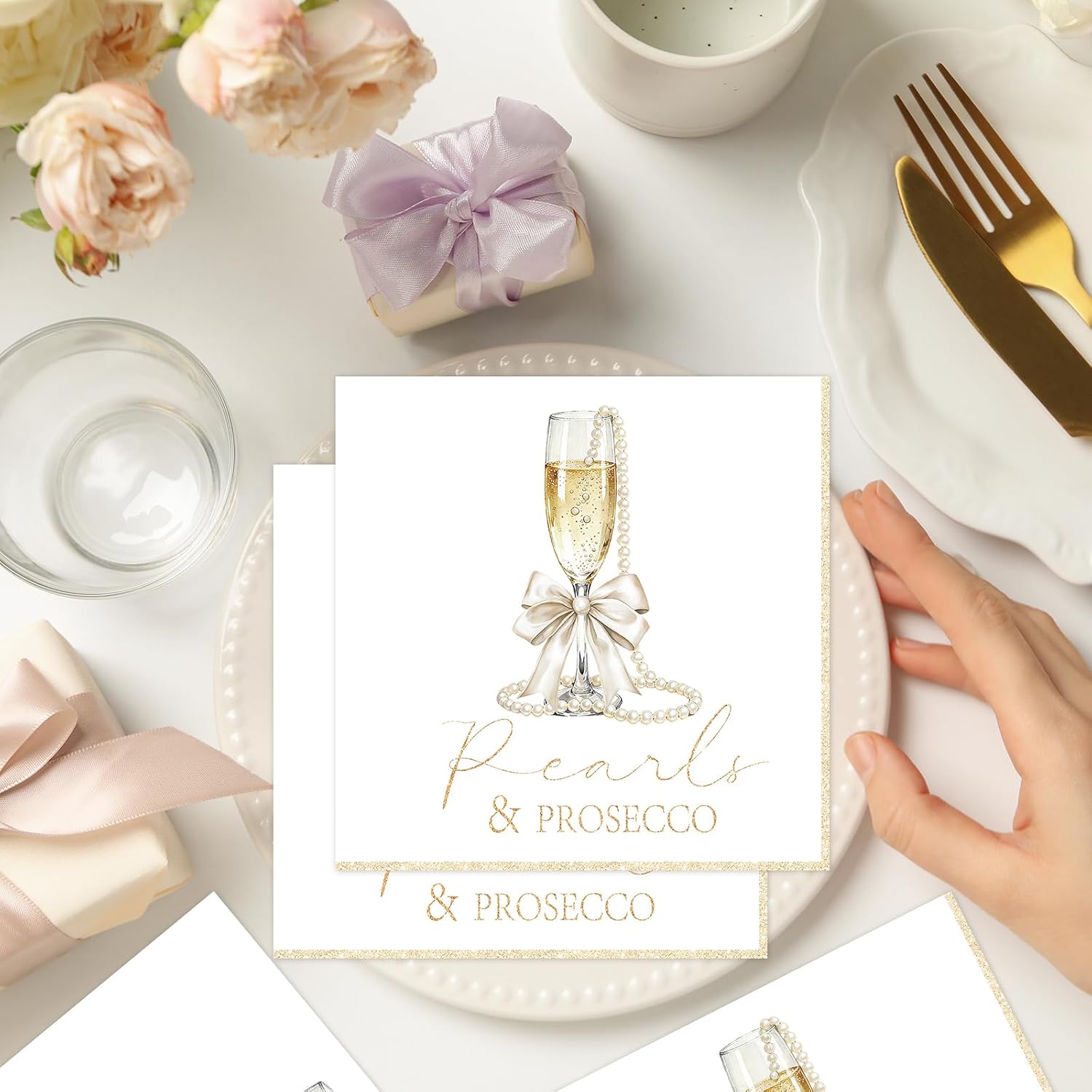 Rakuto Pearls and Prosecco Bridal Shower Decorations, 50PCS Pearls Bow Champagne Disposable Paper Napkins Party Decorations, Bows Pearls Wedding Bachelorette Bride to Be Decor Supplies