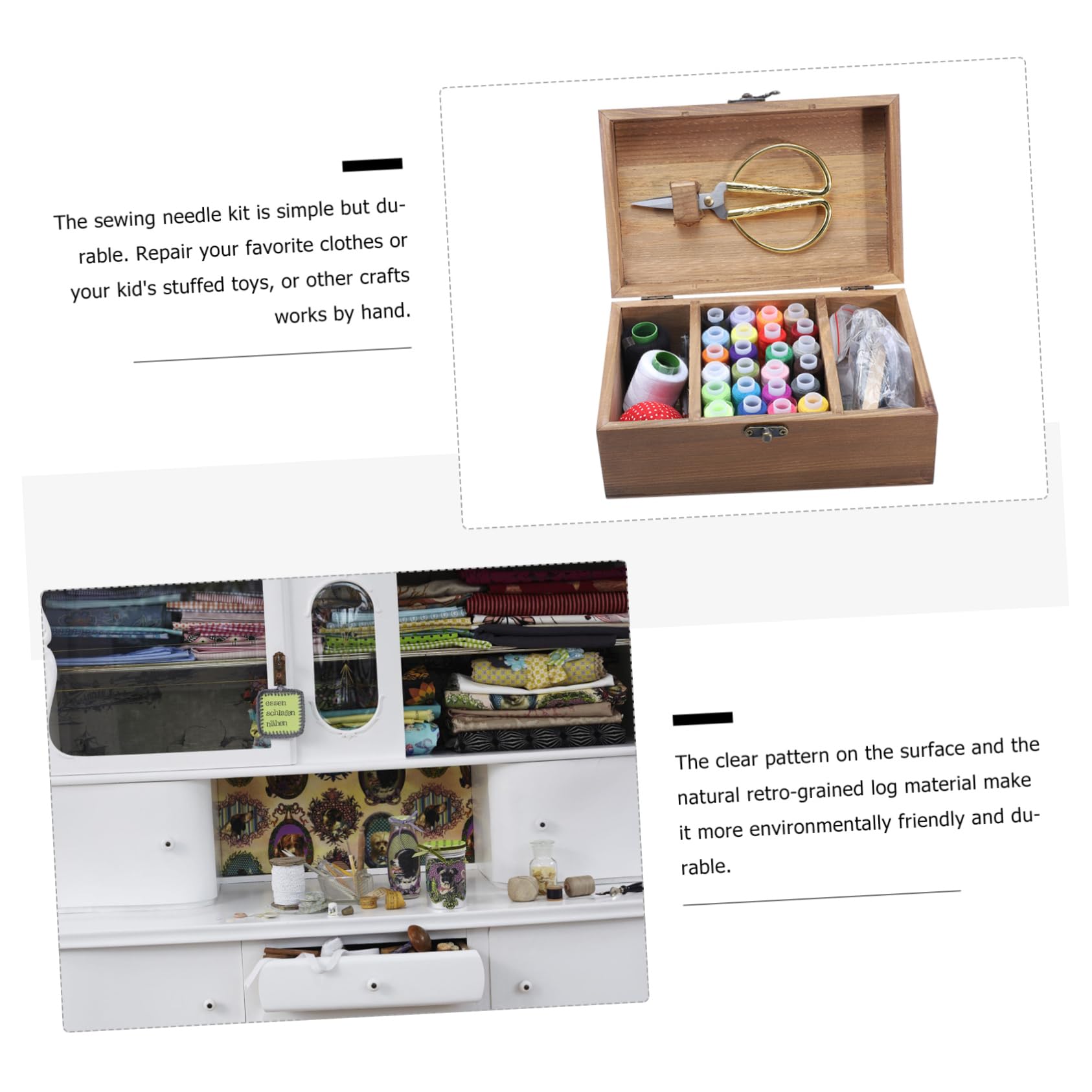 iplusmile Caja Almacenamiento de Costura Kit de Capacidad Gran Madera Natural a Estuche Ecológico Organizar para Adecuado DIY y Suministros de Costura a Mano