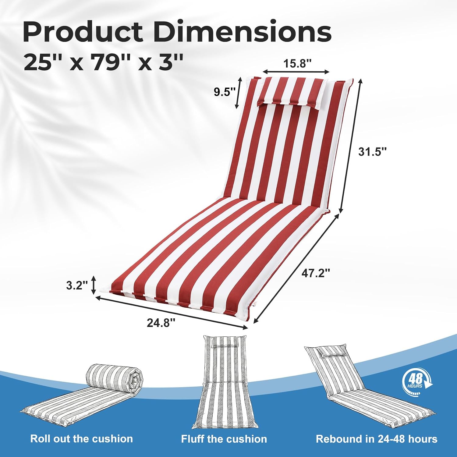 COWVIE Outdoor Lounge Chair Cushion with Headrest for Patio Chaise Lounge Chair, 79 x 25 x 3.2 Inch Fade-Resistant Patio Lounge Cushion for Deck, Pool, Lawn