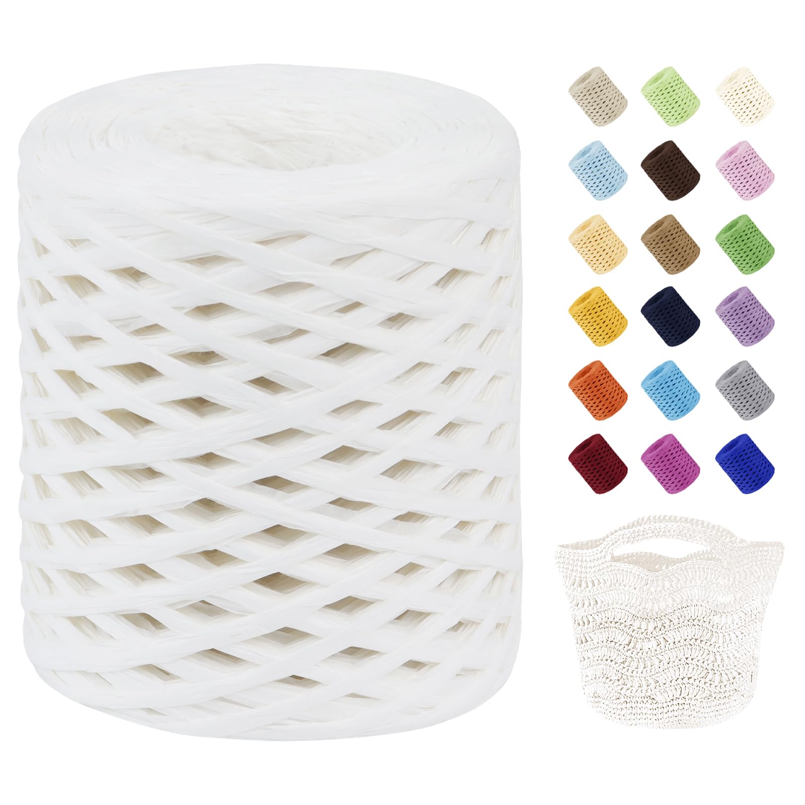Uiopa Raffia Ribbon for Crochet, 3mm x 200m Raffia Paper Ribbon Straw Crochet Yarn for Crocheting Beach Bags, Sun Hats, Home Decor, DIY Crafts (White)