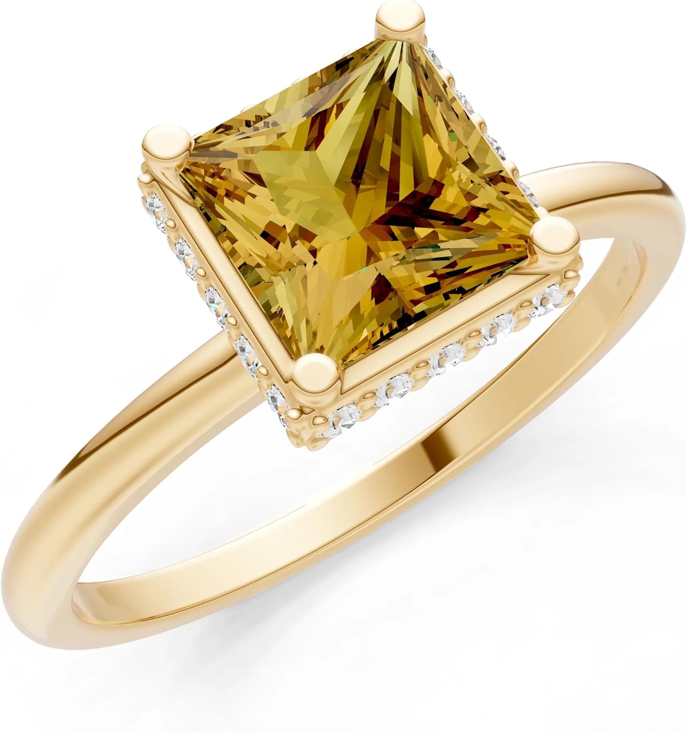 PEORA Princess Cut Gemstone and Hidden Double Halo Lab Grown Diamonds Engagement Gold Ring