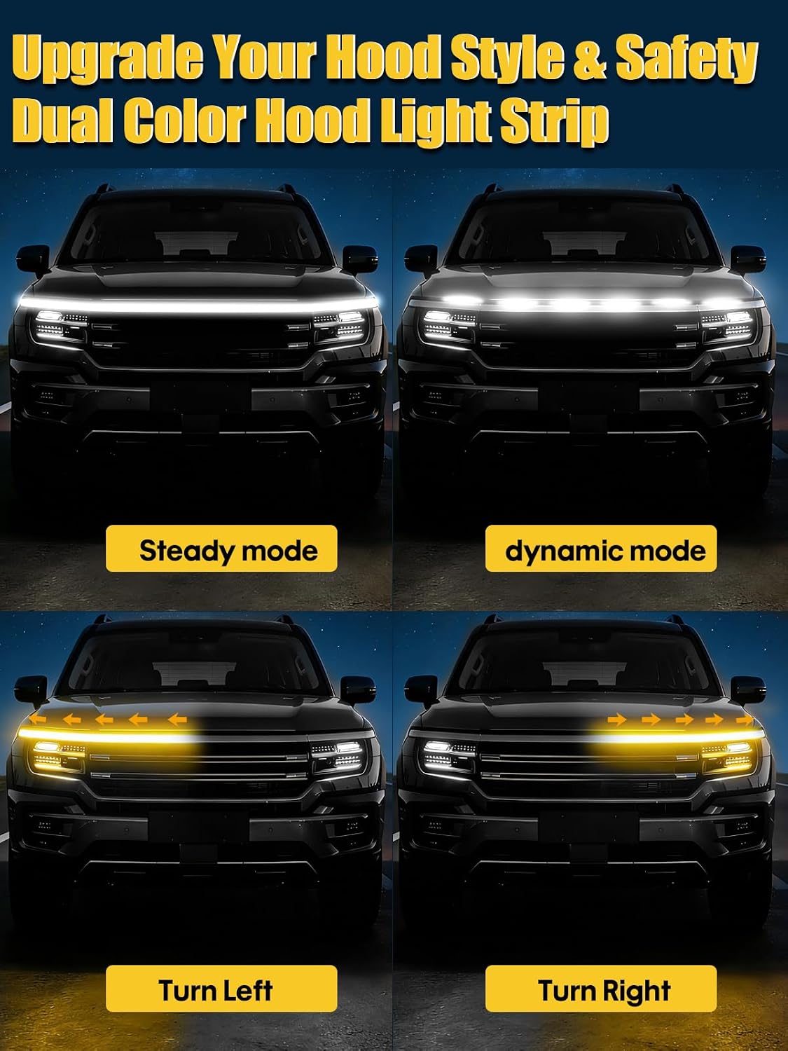 Sequential Dynamic Scan LED Hood Light Strip for Cars, Dual Color White DRL with Amber Turn Signal, Flexible Cuttable IP68 Waterproof Exterior LED Light, for Trucks SUVs Vans, 59inch 12V, 1 Set