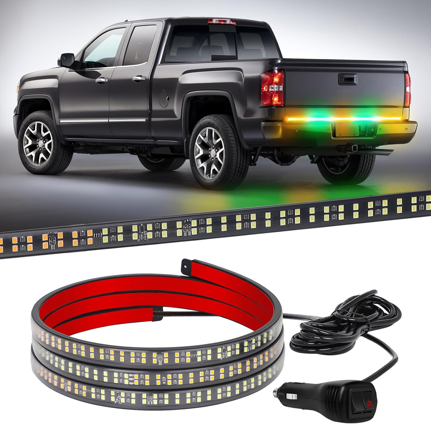 XRIDONSEN 60 inch Amber Green Emergency Tailgate/Rear Window Strobe Lights Strip 360 LED Light Strip Flashing Warning Hazard Safety Lights for Tow Plow Trucks Construction Vehicles Pickup Trailer