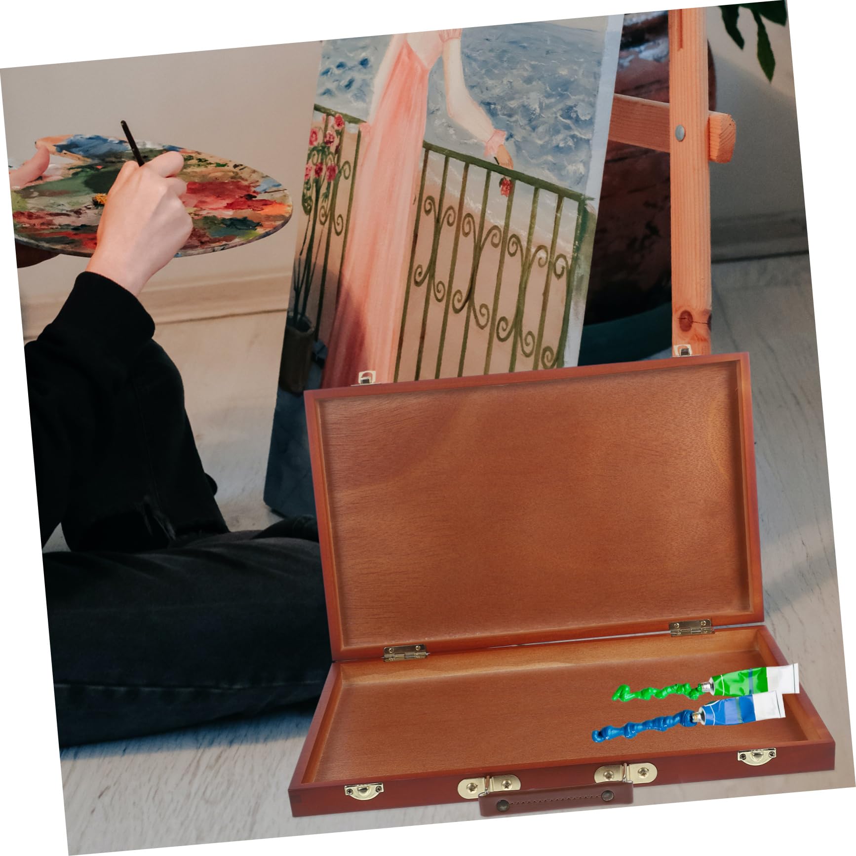 Housoutil Scatola in Legno per Pennelli e Matite da Disegno Valigetta da Pittura Portatile con Manico Custodia Rigida Multifunzione per Acquerelli e Oli Adatta Scuola e Hobby Artistici