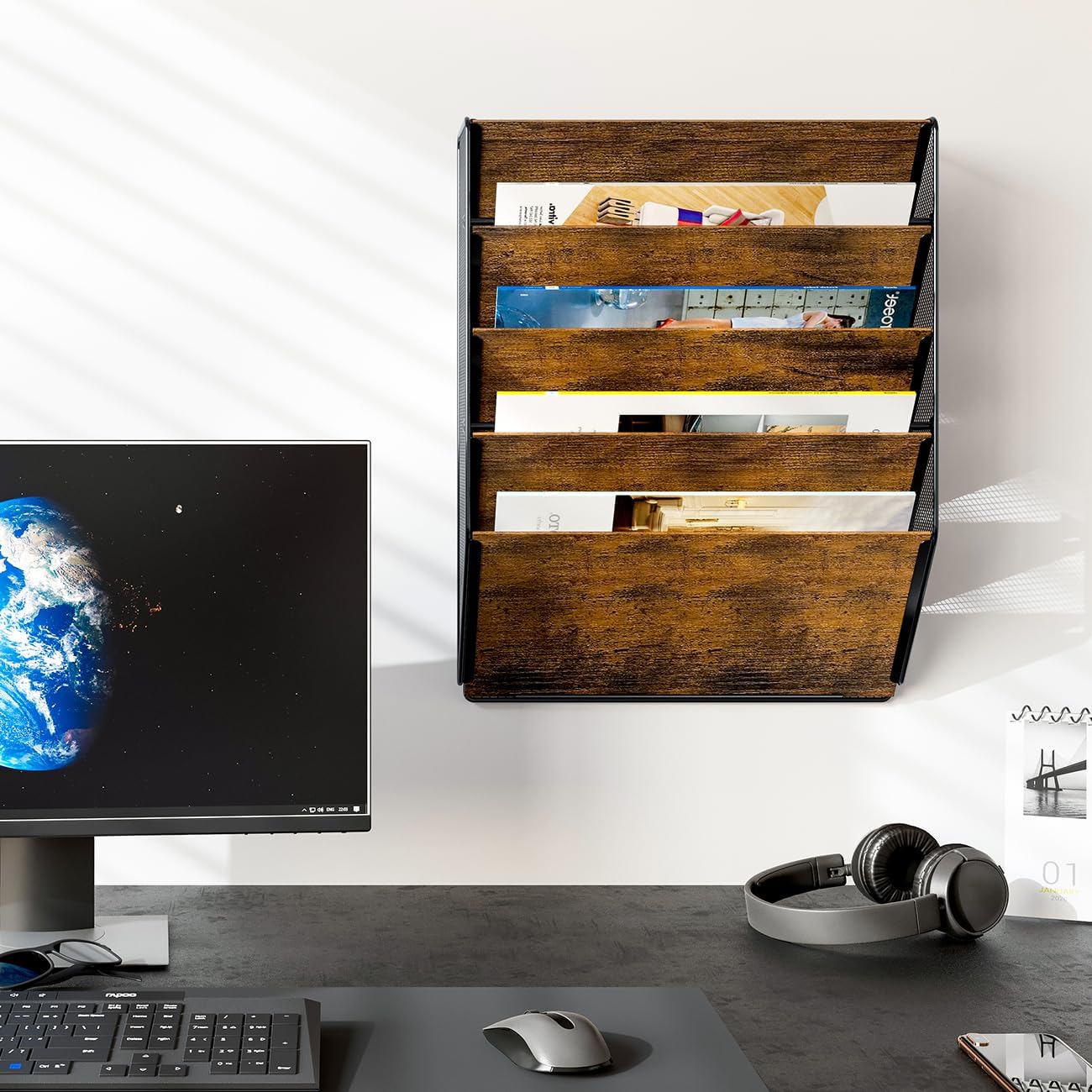 PAG Wall File Organizer for Office, 5-Tier Rustic Hanging File holder Wall Storage Rack for Documents/Magazine/Literature/File Folders/Mails/Envelopes, Brown