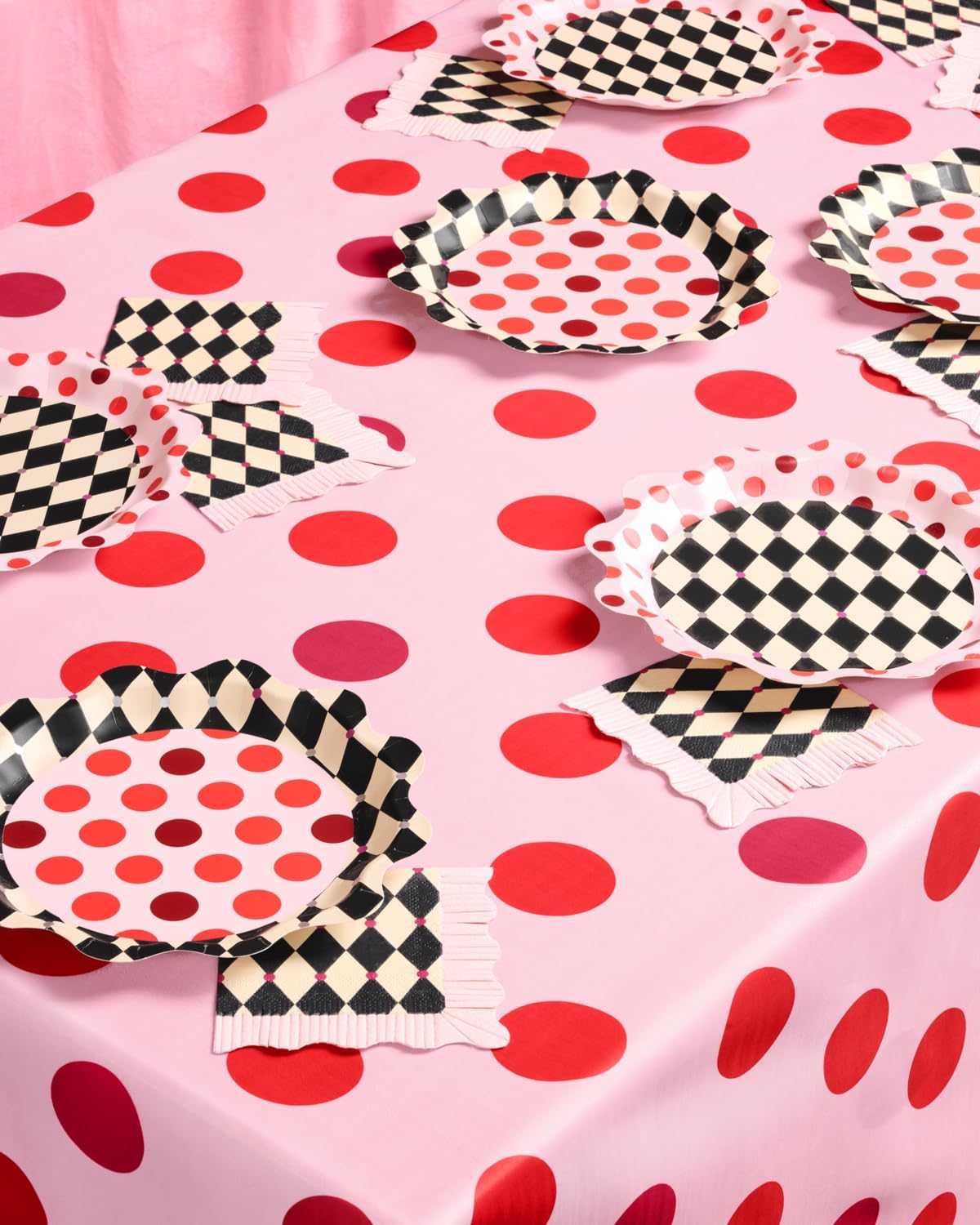 xo, Fetti Pink Circus Tablecloth | 9' x 4.5' | Polka Dot Birthday Decorations, Red Spots Tablescape, Bachelorette Party Setting, Kids Carnival Table Cover