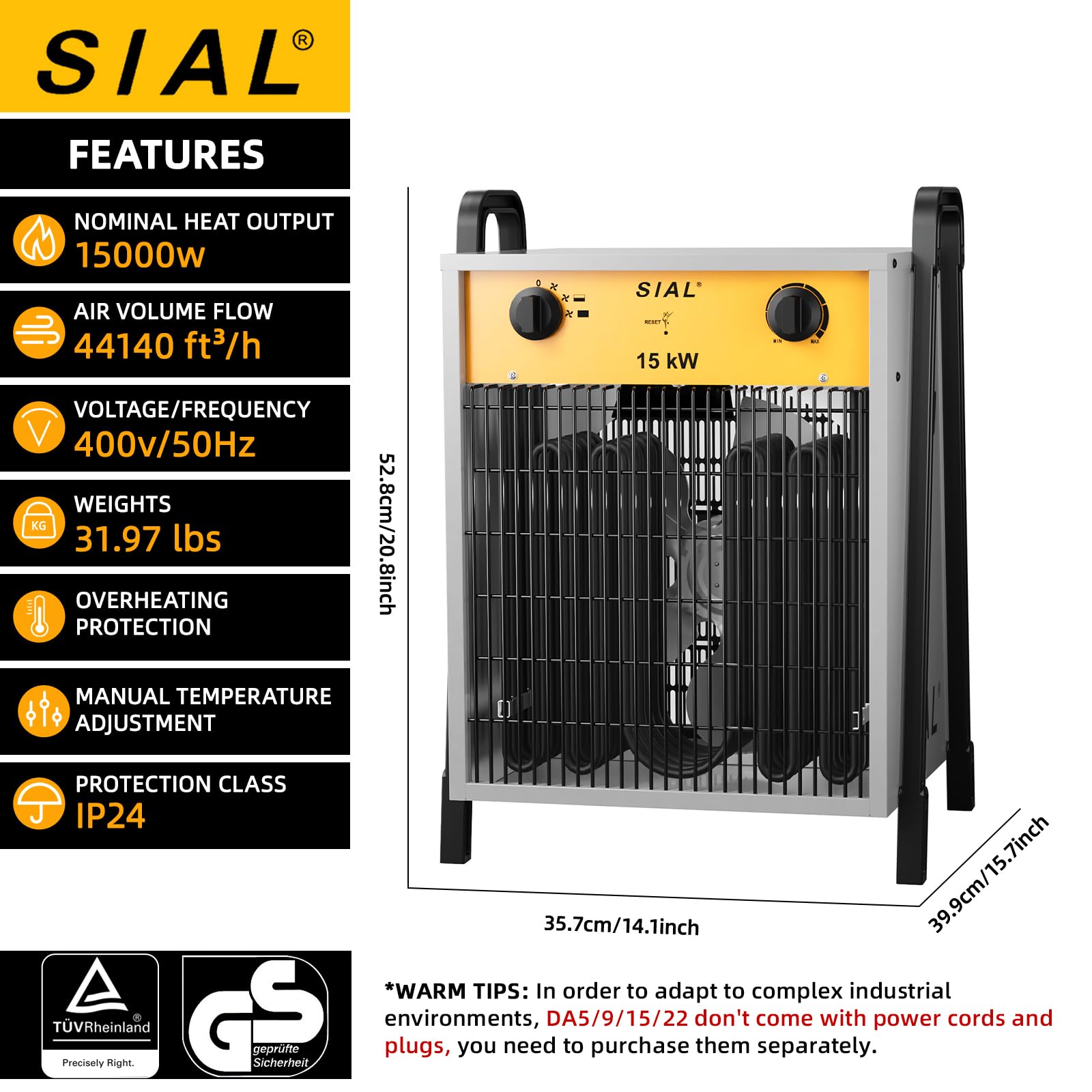 SIAL Industrial Electric Heater 15000W Fan Space Heaters 400V Adjustable  Thermostat Overheating Protection