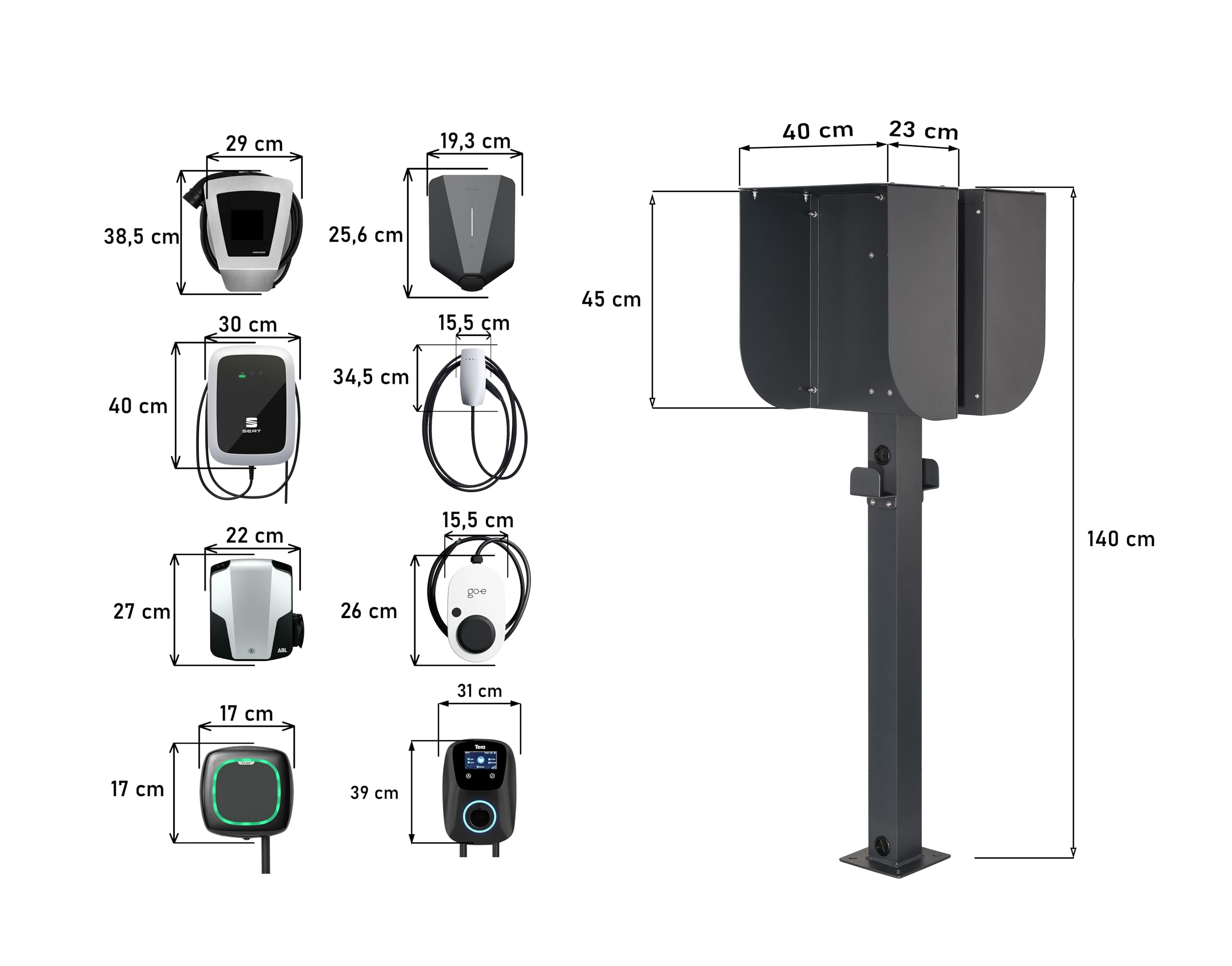 Wallbox - Supporto doppio per 2 stazioni di ricarica, colonna autoportante in alluminio, universale per Wallbox, adatto per esterni (doppio supporto con protezione)