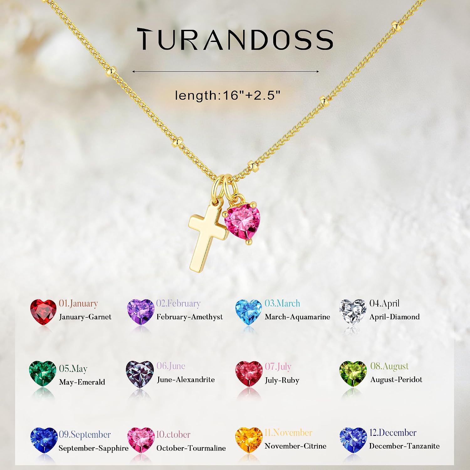 Turandoss Cross Necklace for Girls Women,Dainty Heart Birthstone Necklaces