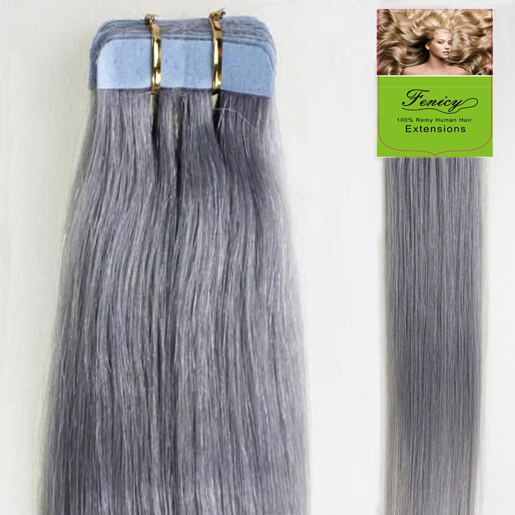 Seamless Tape in Hair Extensions Brazilian Real Remy Human Hair 20Pcs (18Inch20Pcs40gram, Grey)