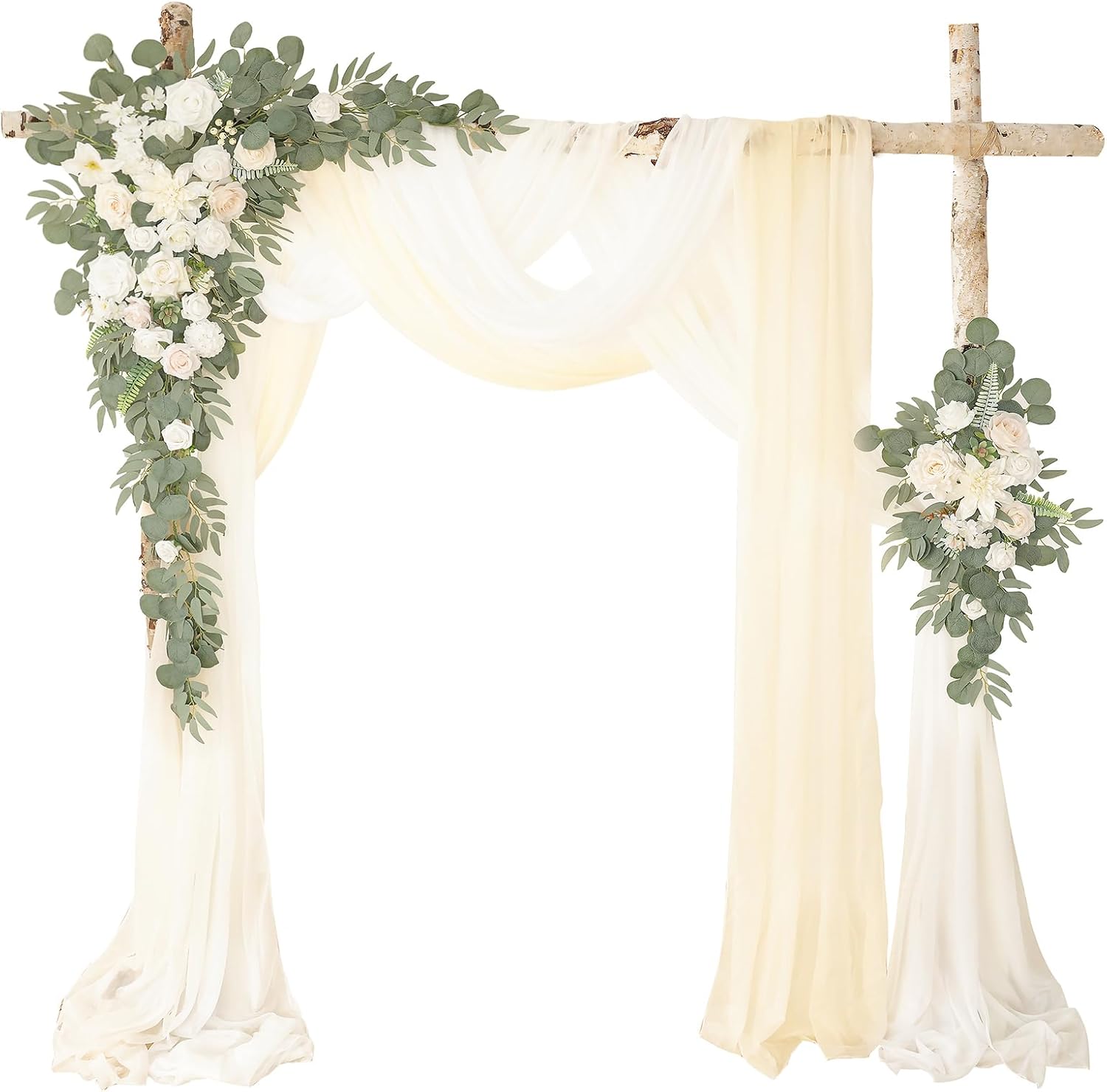 Deluxe Purple Artificial Wedding Arch Flowers with Drapes Kit-Pack of 5, 2pcs Flower Arrangements 3pcs Hanging Sheer Drapes Blue Ceremony Arbor Reception Backdrop Rose Floral Decorations.
