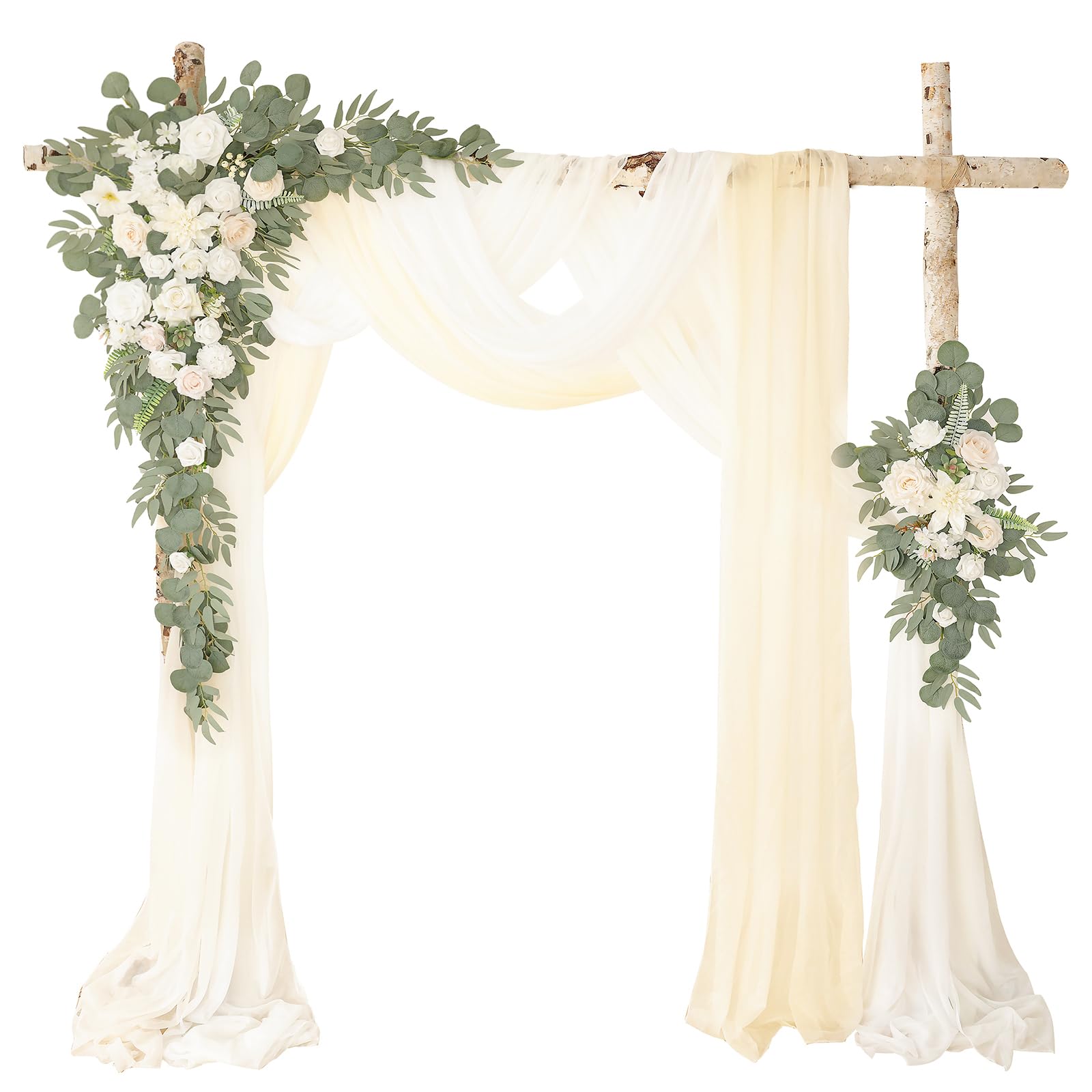 Photo 1 of WEIERYUE Deluxe White Artificial Wedding Arch Flowers with Drapes Kit-Pack of 5, 2pcs Flower Arrangements 3pcs Hanging Sheer Drapes White Ceremony Arbor Reception Backdrop Rose Floral Decorations.