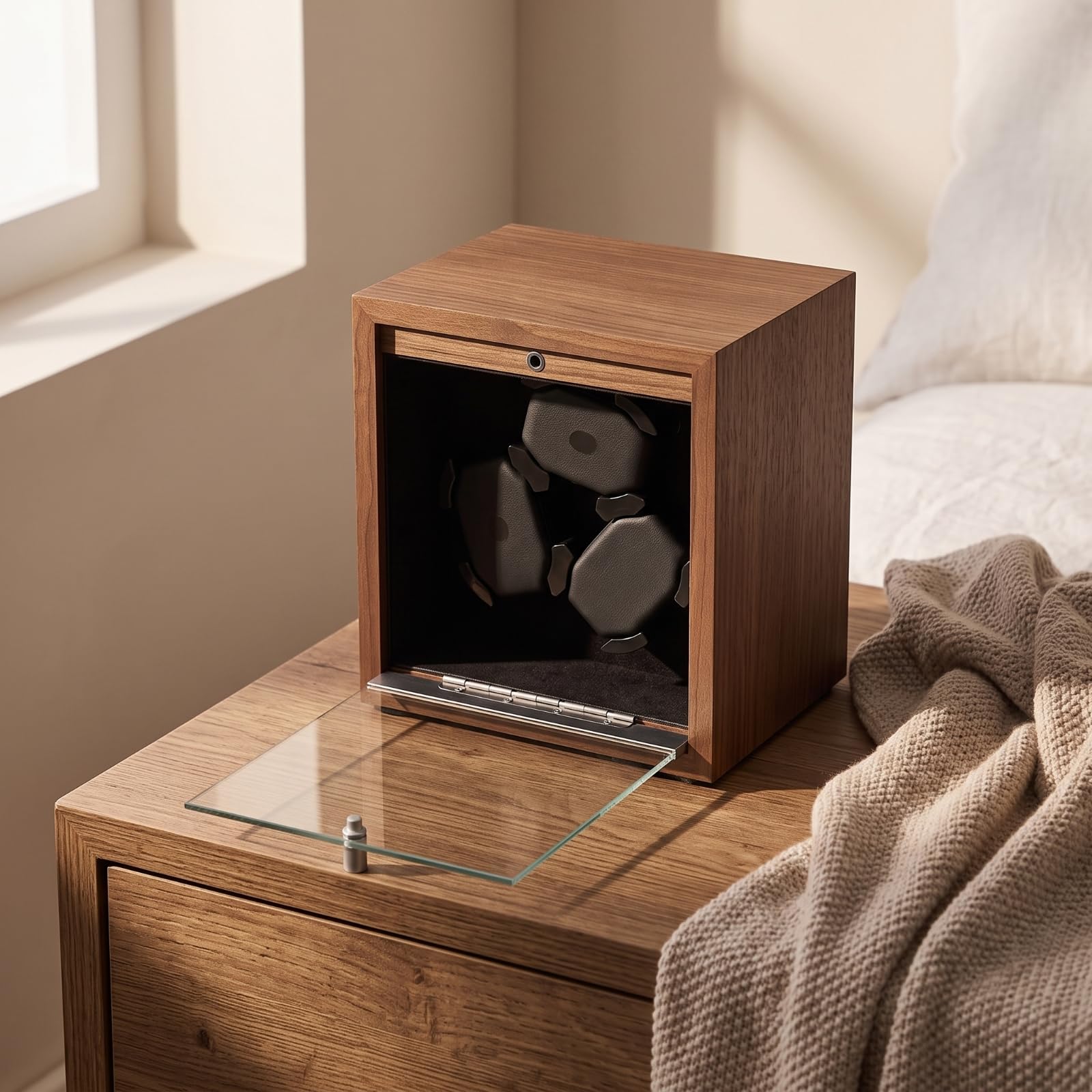 Uhrenbox mit Glastür Holzoptik Uhrenbeweger Stilvoll Uhrenbewegerbox für Uhrensammler, Kommode