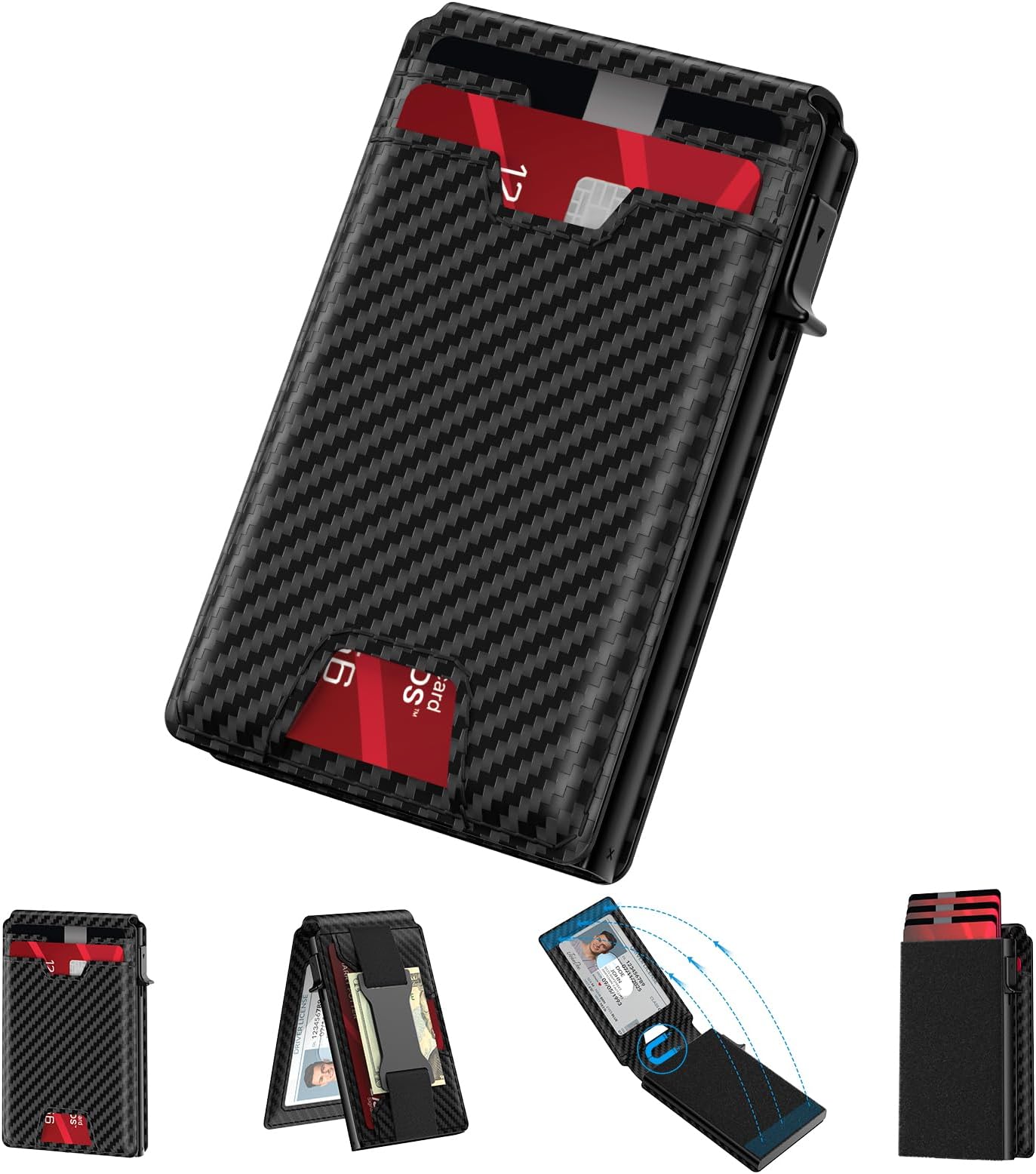 Mens Wallet Card Holder: Pop Up Card Case, Genuine Leather, RFID Blocking, Smart, Slim, Minimalist, Thin - 13 Card Capacitiy, ID Window, Cash Strap (Carbon Fiber)