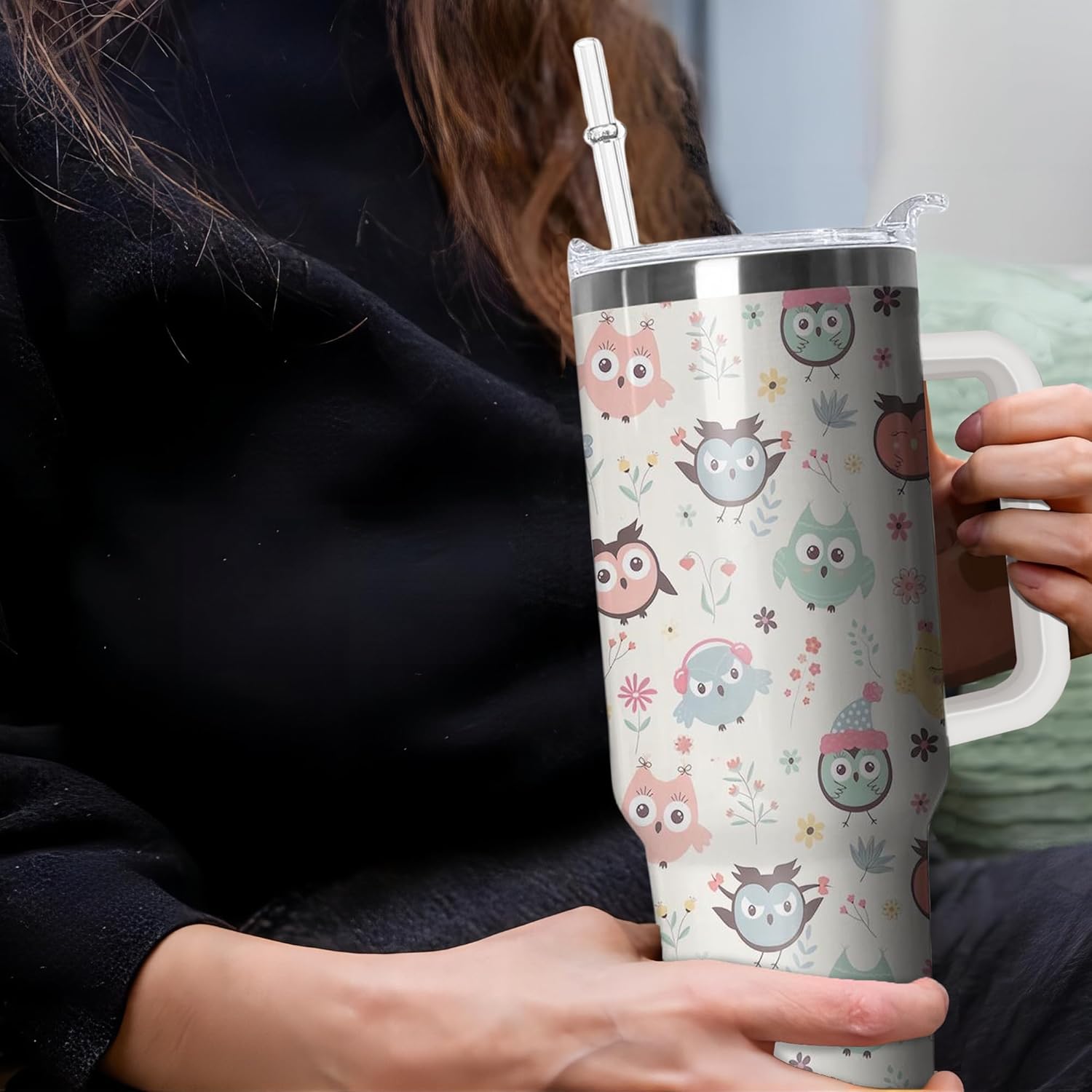 40 oz Owl Tumbler with Handle and Straw, Insulated Stainless Steel Cup with Lid, Travel Coffee Mug Water Bottle, Animal Lovers Women Gifts - Image 6