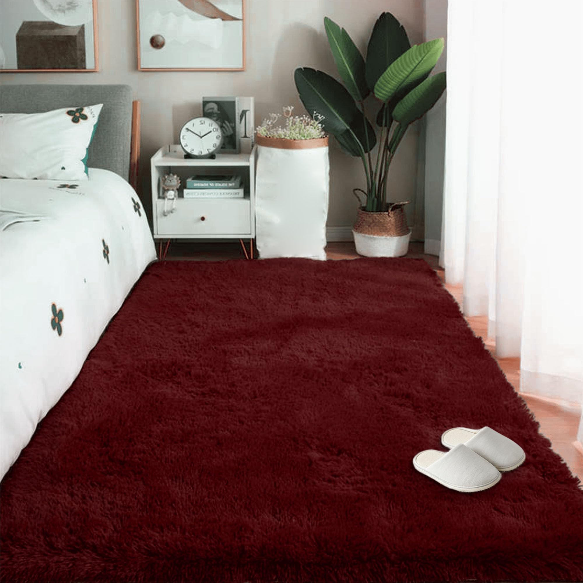 Tapis moelleux 200 x 290 cm vin rouge lavable et antidérapant