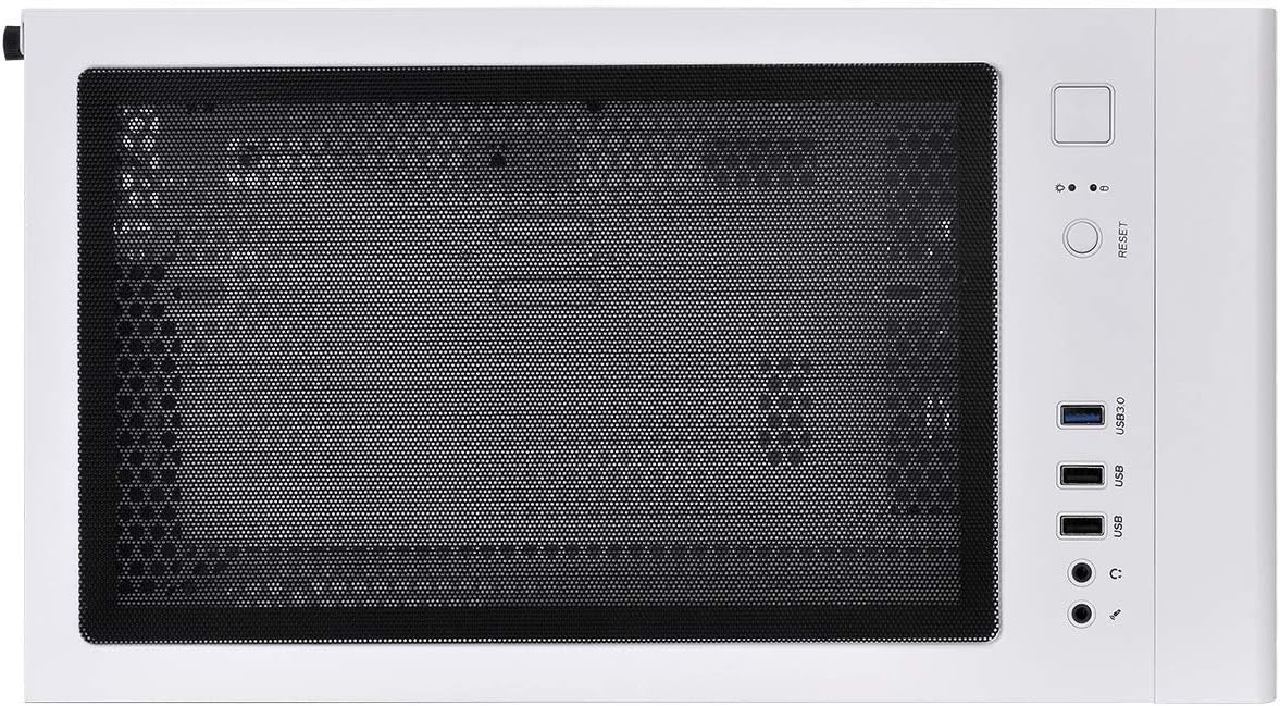 Close-up of the top I/O panel of the Thermaltake S100 case, showing the power button, reset button, USB 3.0, USB 2.0 ports, and audio jacks.