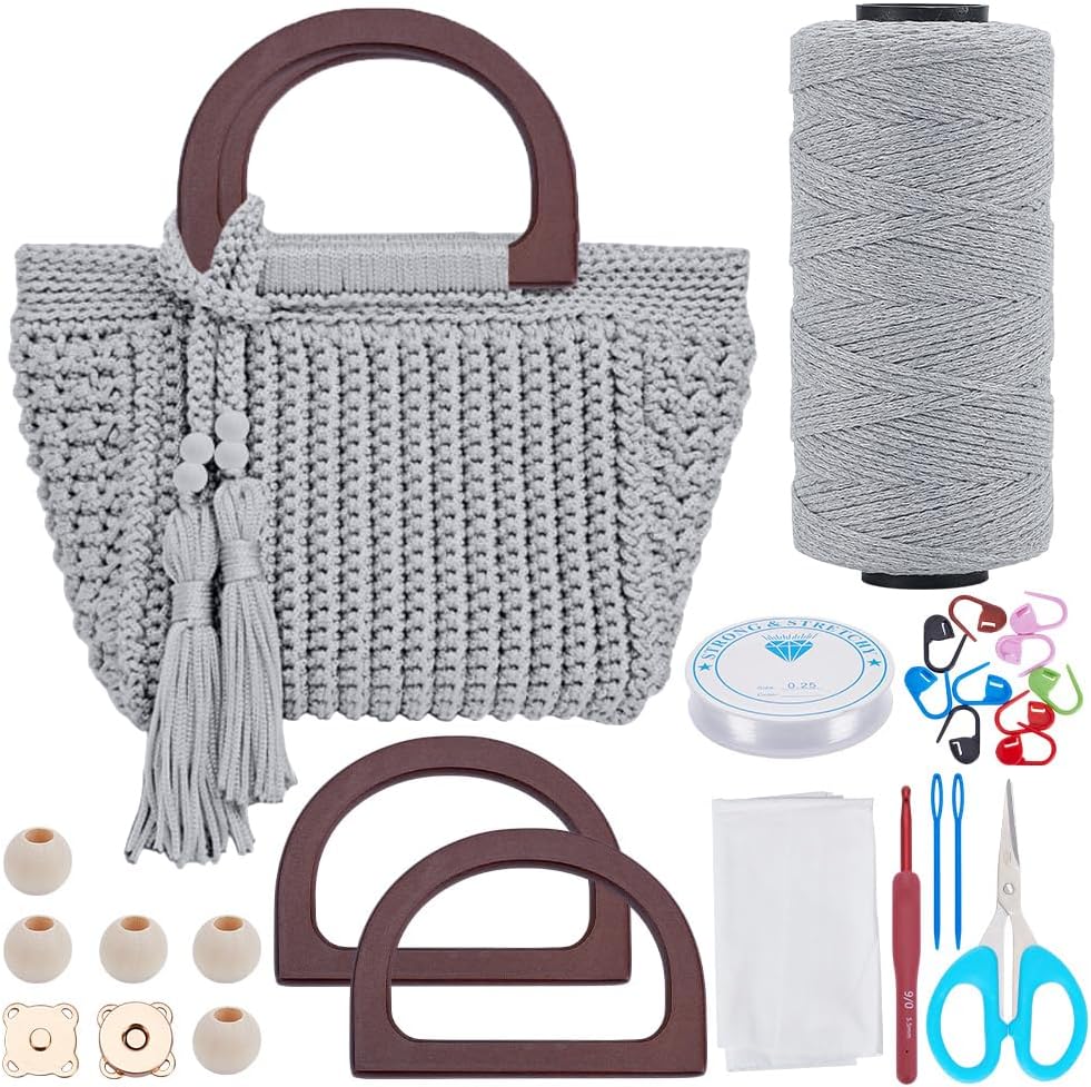 INFUNLY DIY Crochets Bag Kit for Beginners Adult Light Grey Bag Crochet Set with Step-by-Step Video Tutorials Tote Bag Knitting Starter Kits with Tassel Handle Crochet Handbag Kit for Women DIY Gift