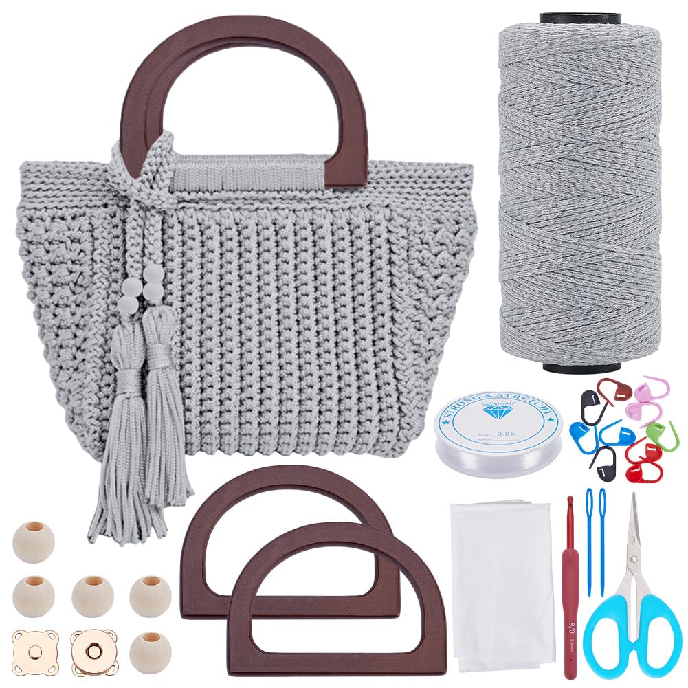INFUNLY DIY Crochet Bag Kit for Beginners Adult Light Grey Bag Crochet Set with Step-by-Step Video Tutorials Tote Bag Crochet Starter Kit with Tassels Handle Crochet Handbag Kit for Women DIY Kit Gift