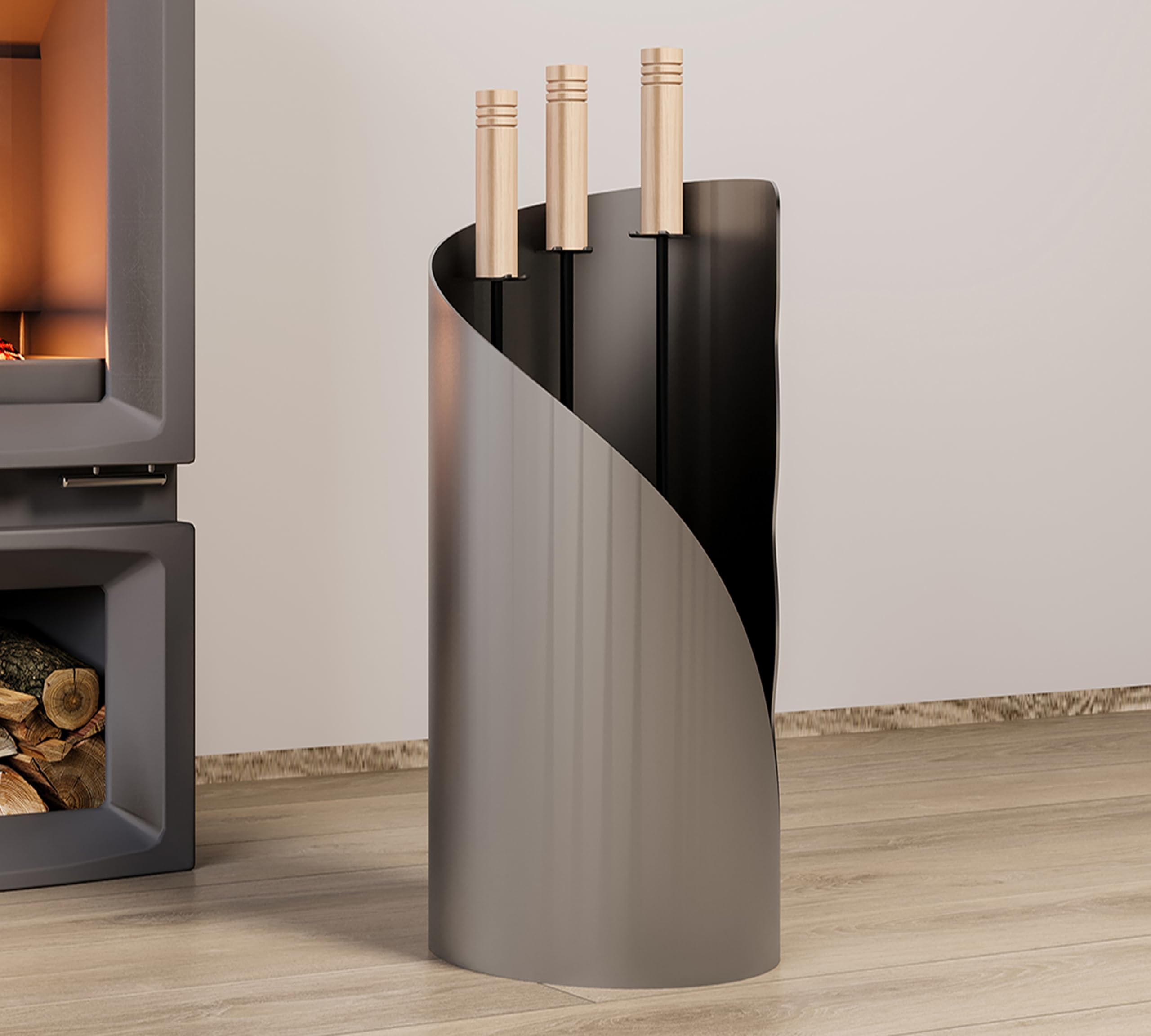 Kingson Juego de utensilios para chimenea de 3 piezas – Juego moderno de herramientas para la chimenea con cepillo, pala y atizador – Soporte redondo para el suelo – 52,5 cm de altura – Mango de