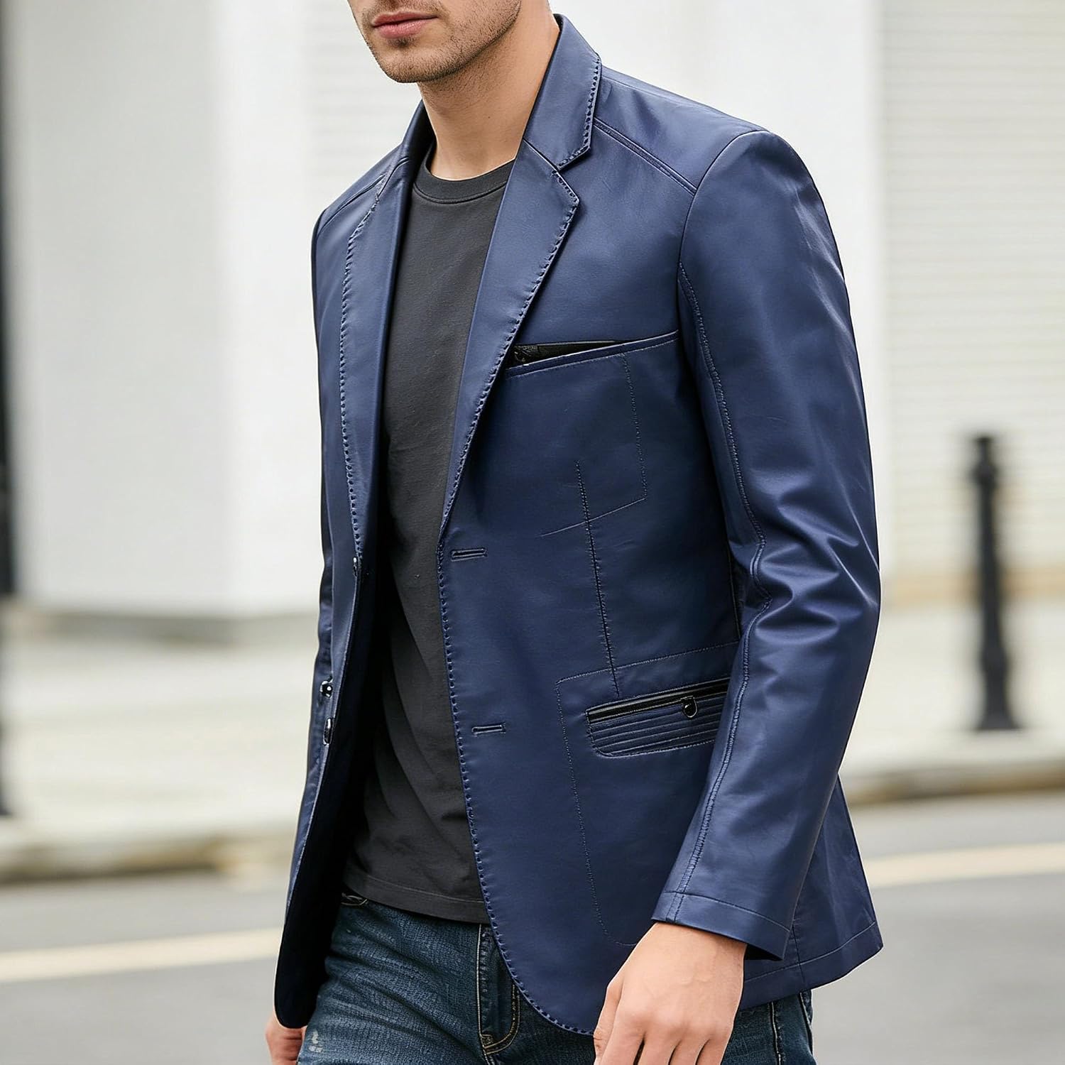 Maiyifu-GJ Faux Leather Motorcycle Jacket for Men Casual Lapel Zip-Up Slim Biker Coat Outerwear