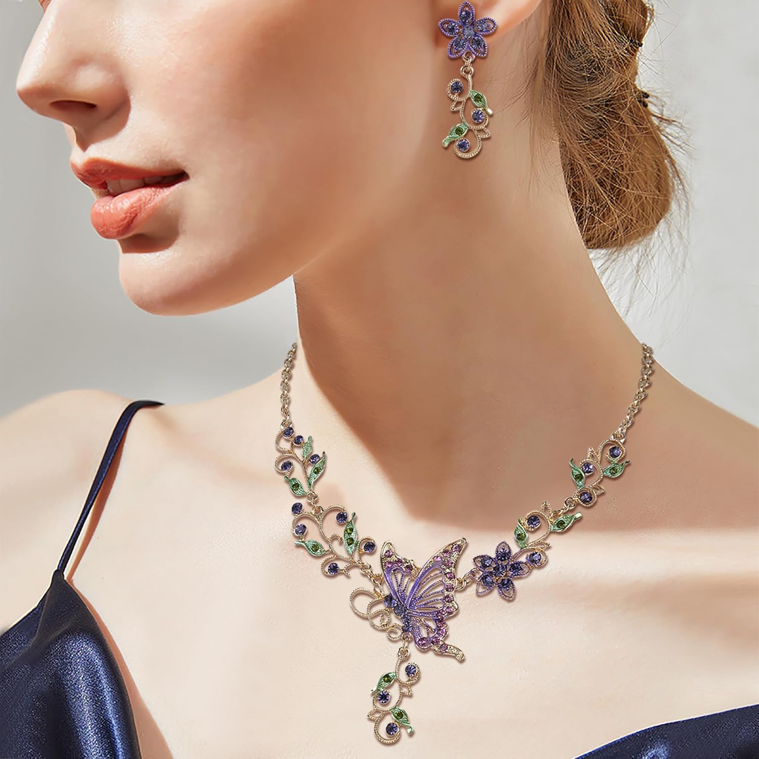 EleQueen Women's Austrian Crystal Butterfly Flower Leaf Necklace Earrings Set - Image 4