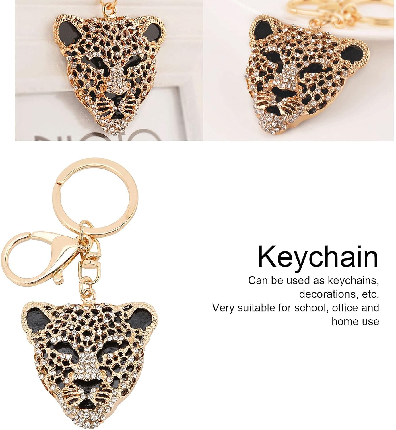 Pssopp Keychain, Gold Fashion Crystal Leopard Head Key Ring Leopard Head Car Bag Pendant for Girl Birthday Gift