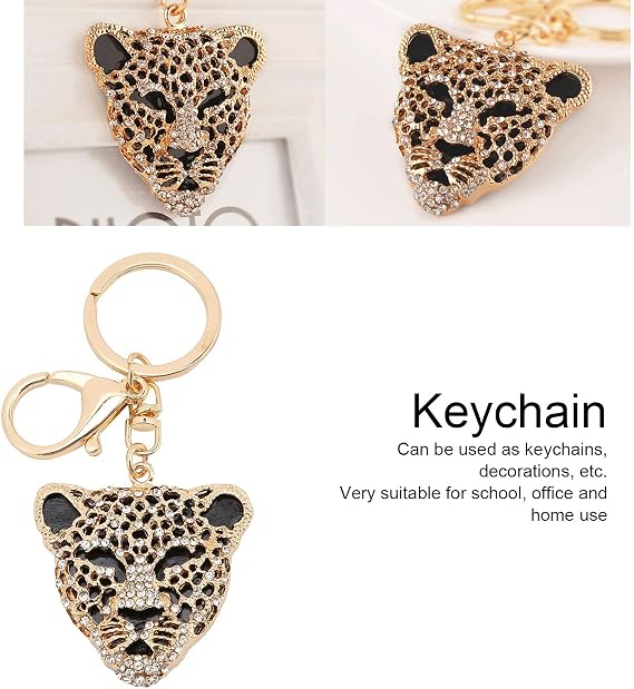 Pssopp Keychain, Gold Fashion Crystal Leopard Head Key Ring Leopard Head Car Bag Pendant for Girl Birthday Gift