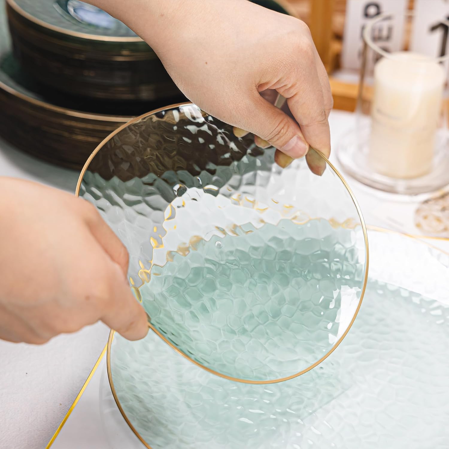 80pcs Green Plastic Plates, Gold Disposable Dinner Plate Heavy Duty Dessert Plates for Party, Wedding - Image 5