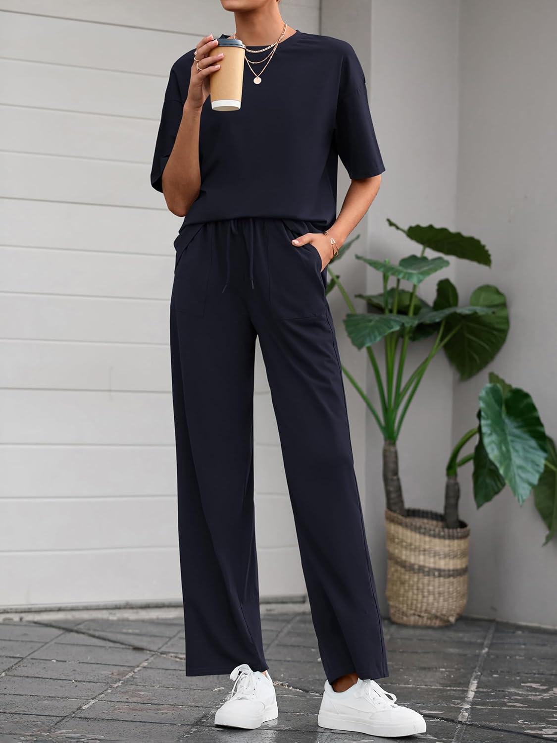 BTFBM Summer Outfits For Women 2026 Two Piece Sets Casual Short Sleeve Spring Tops Wide Leg Pants Matching Lounge Set - Image 5