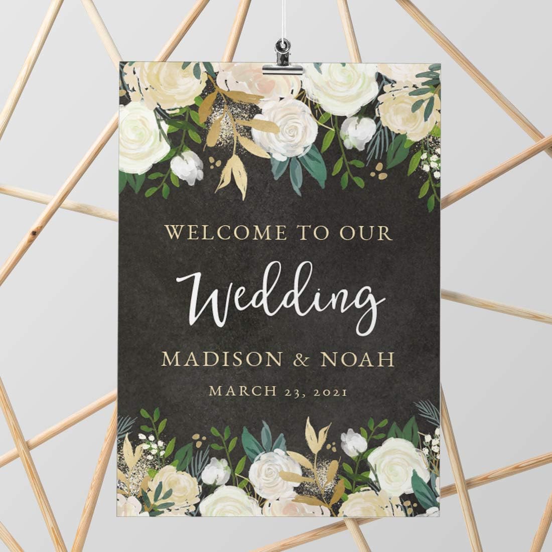 Andaz Press Personalized Extra Large Wedding Easel Board Party Sign, 12x18-inch, Ivory Roses on Black Chalkboard, Welcome to Our Wedding Bride Groom Name Date, 1-Pack, Custom